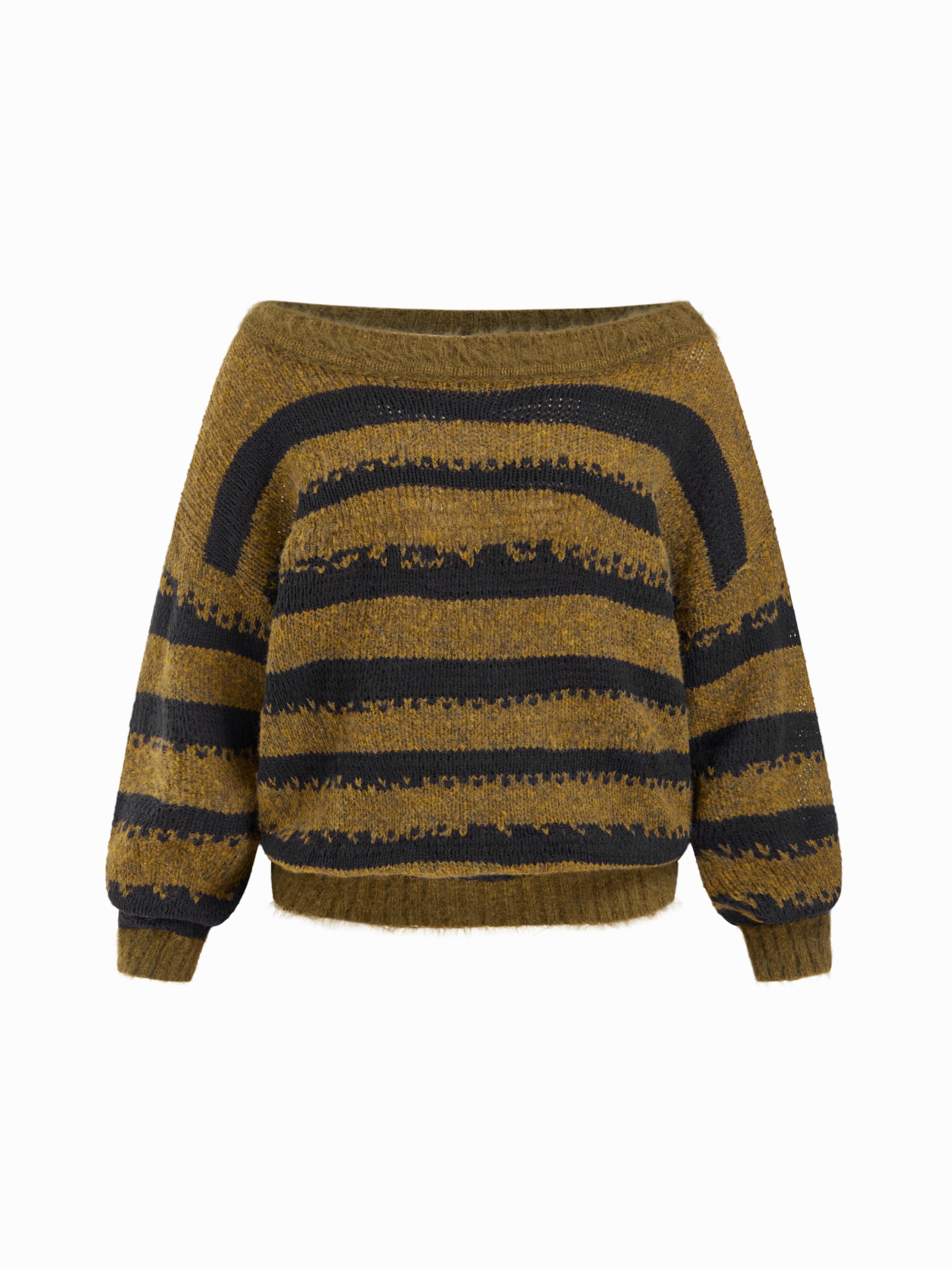 Knit Wool-blend Striped Boat Neck Long Sleeve Sweater Curve & Plus by CIDER