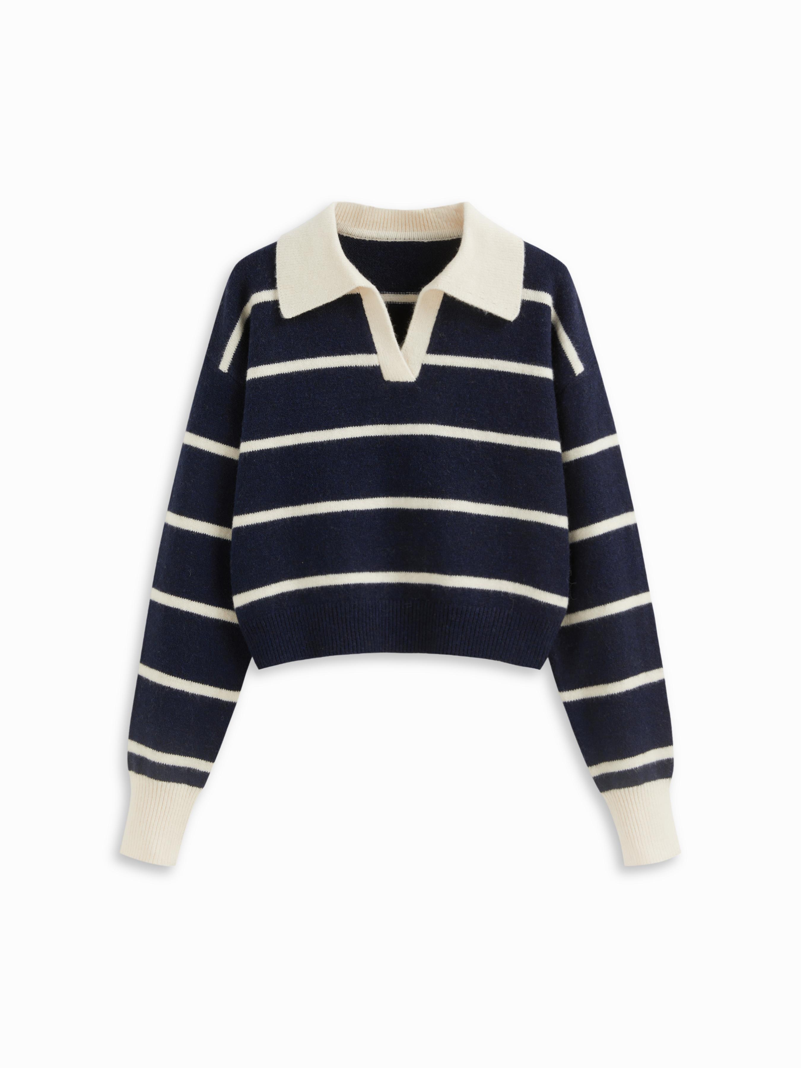 Knit Wool-blend Striped Collar Long Sleeve Top by CIDER