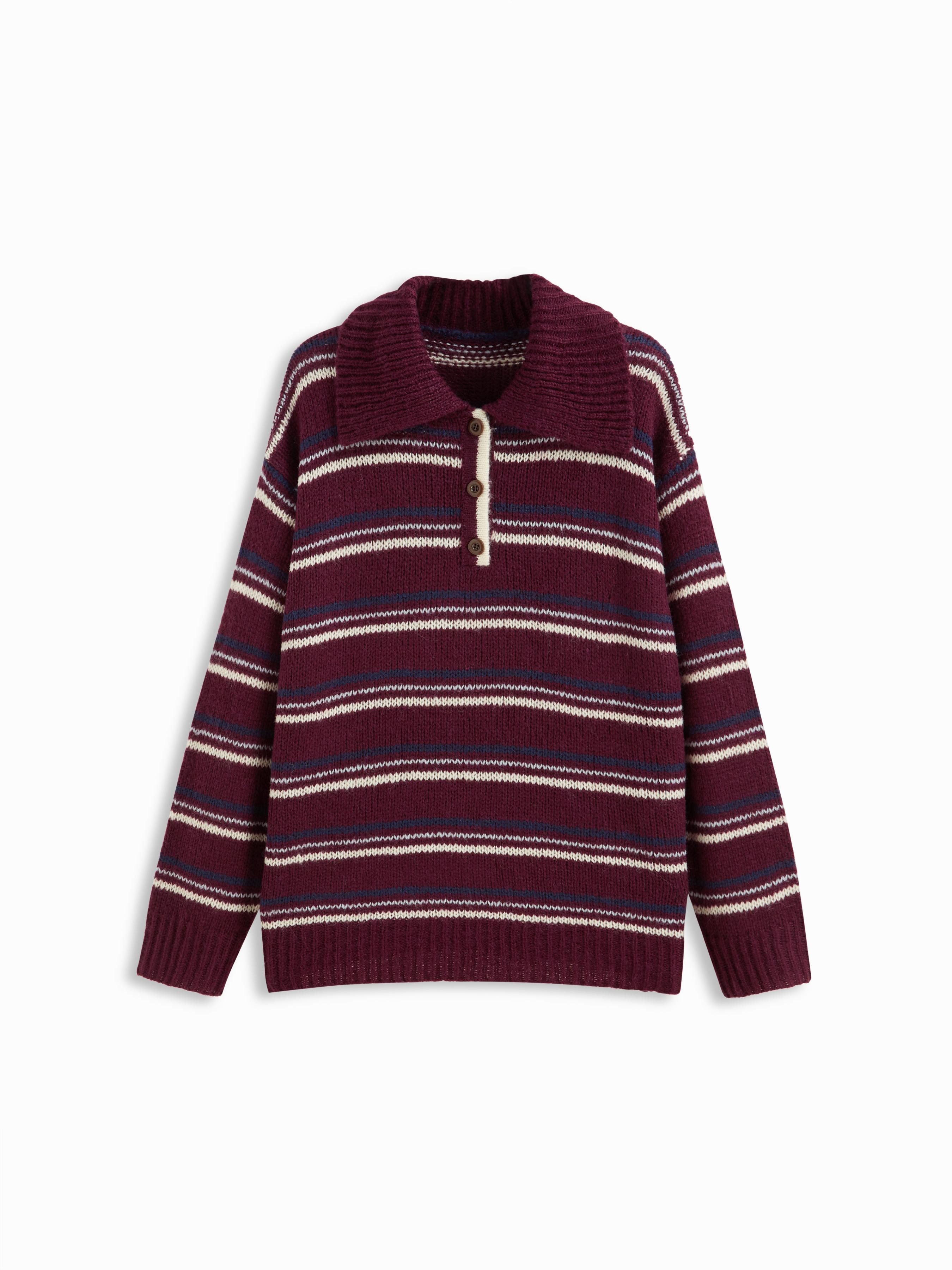 Knit Wool-blend Striped Polo Collar Oversized Sweater by CIDER