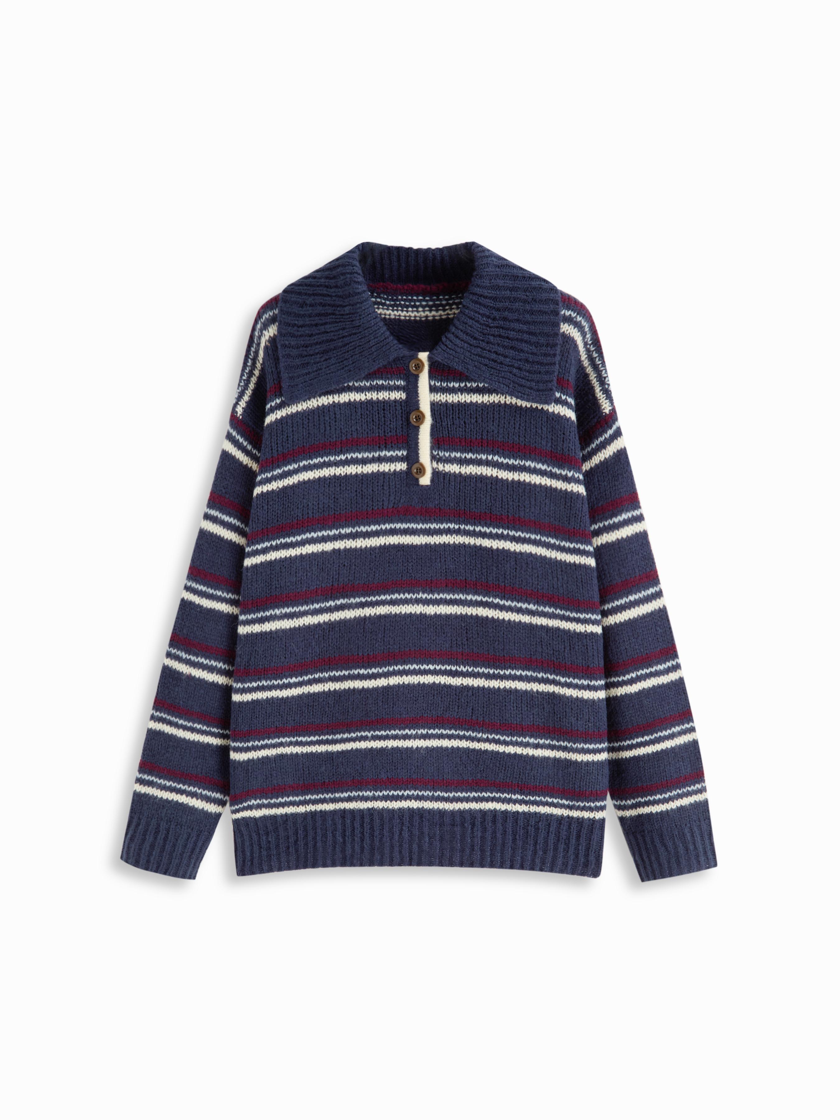 Knit Wool-blend Striped Polo Collar Oversized Sweater by CIDER