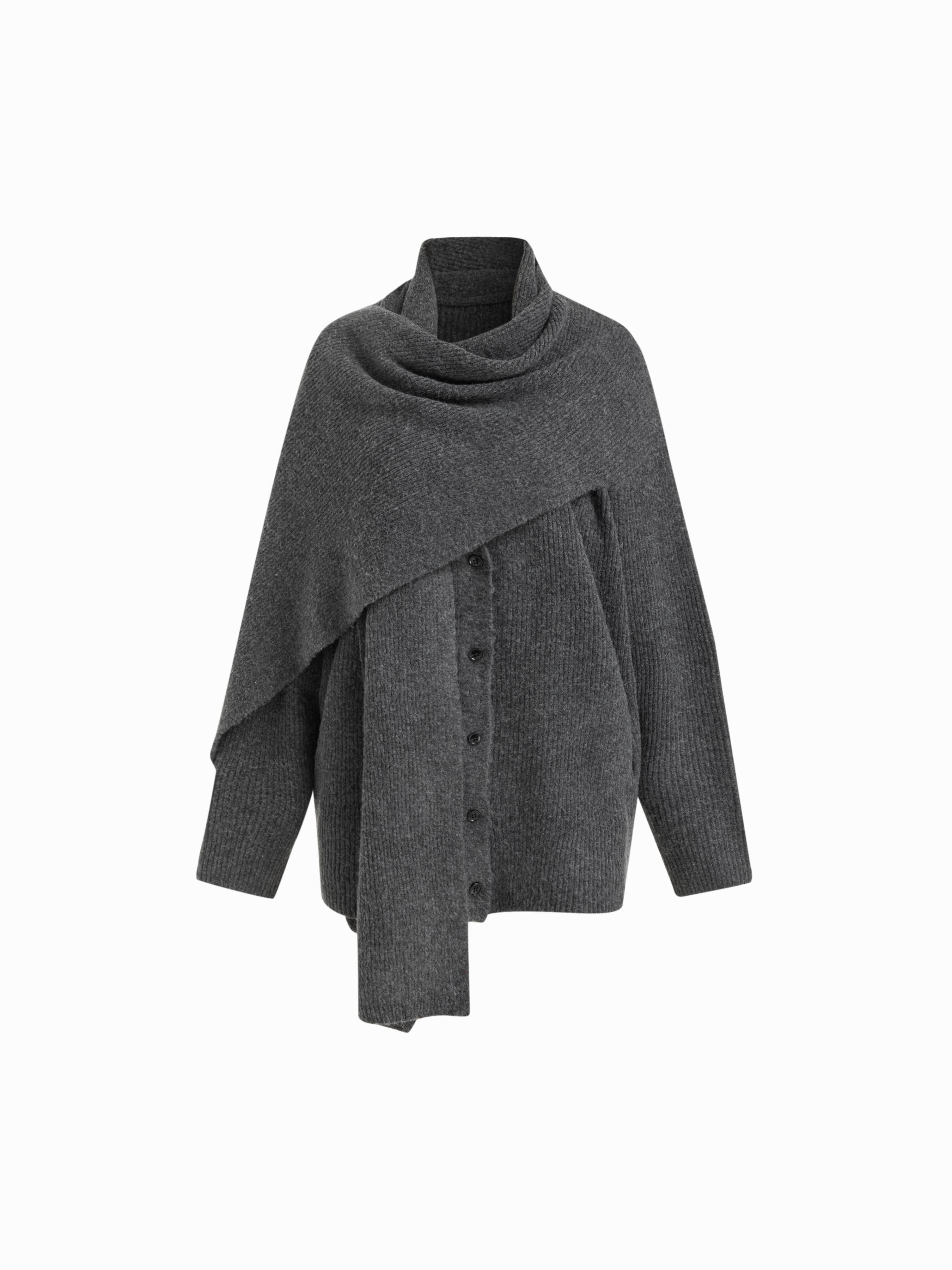 Knit Wool-blend V-neck Long Sleeve Button Oversized Cardigan With Scarf by CIDER