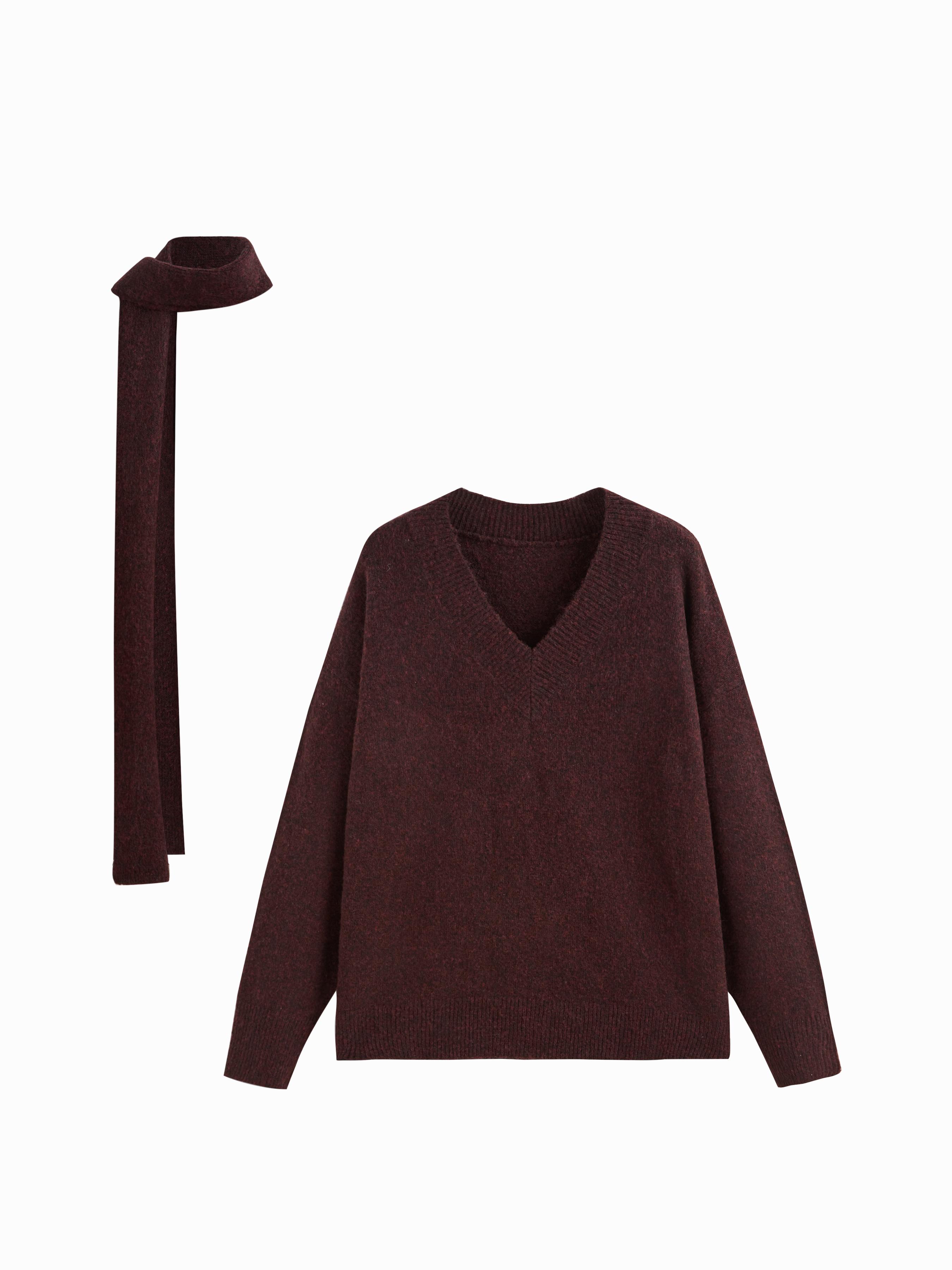 Knit Wool-blend V-neck Long Sleeve Oversized Top With Scarf by CIDER