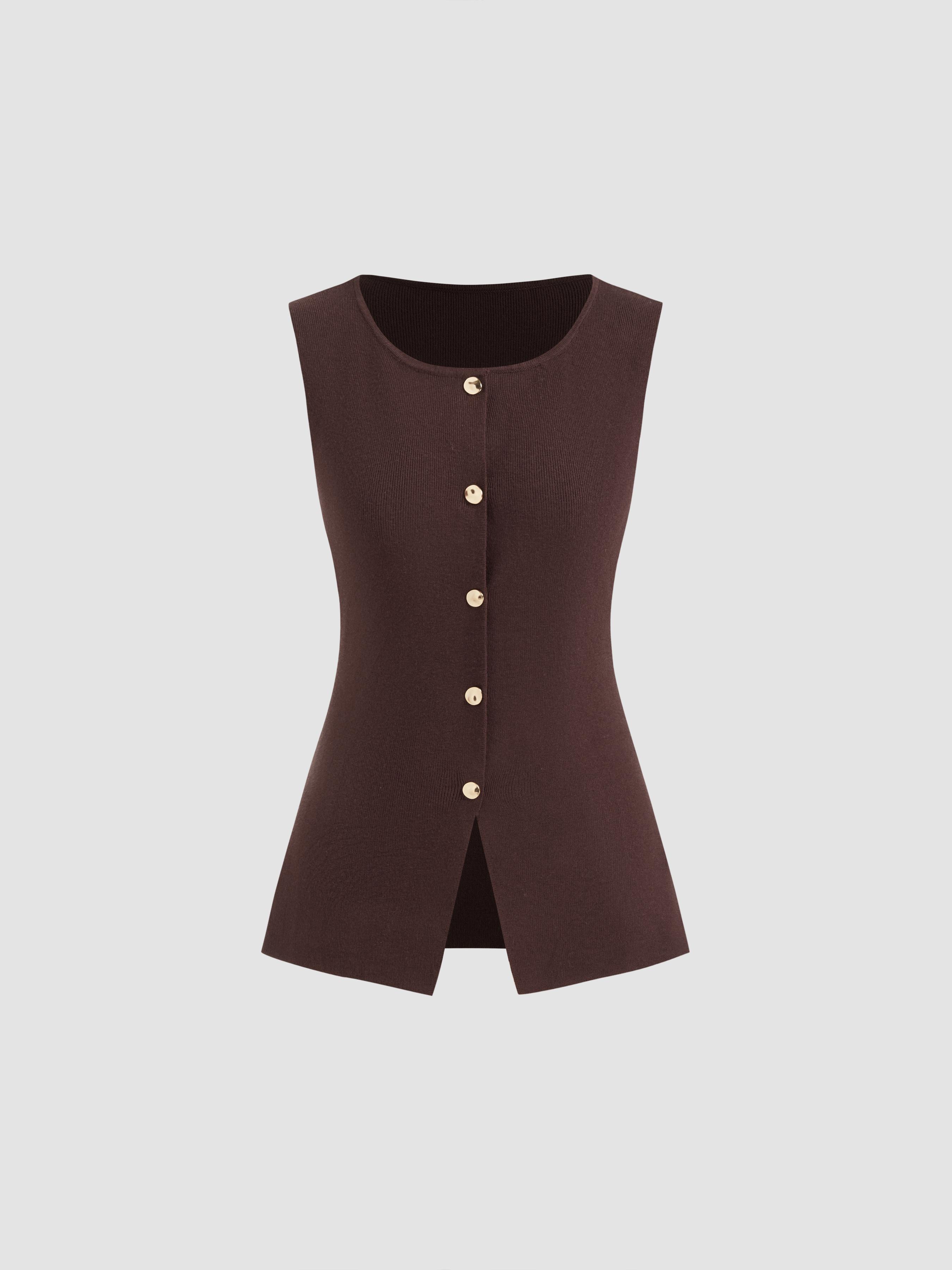 Knitted Boat Neck Solid Button Vest by CIDER