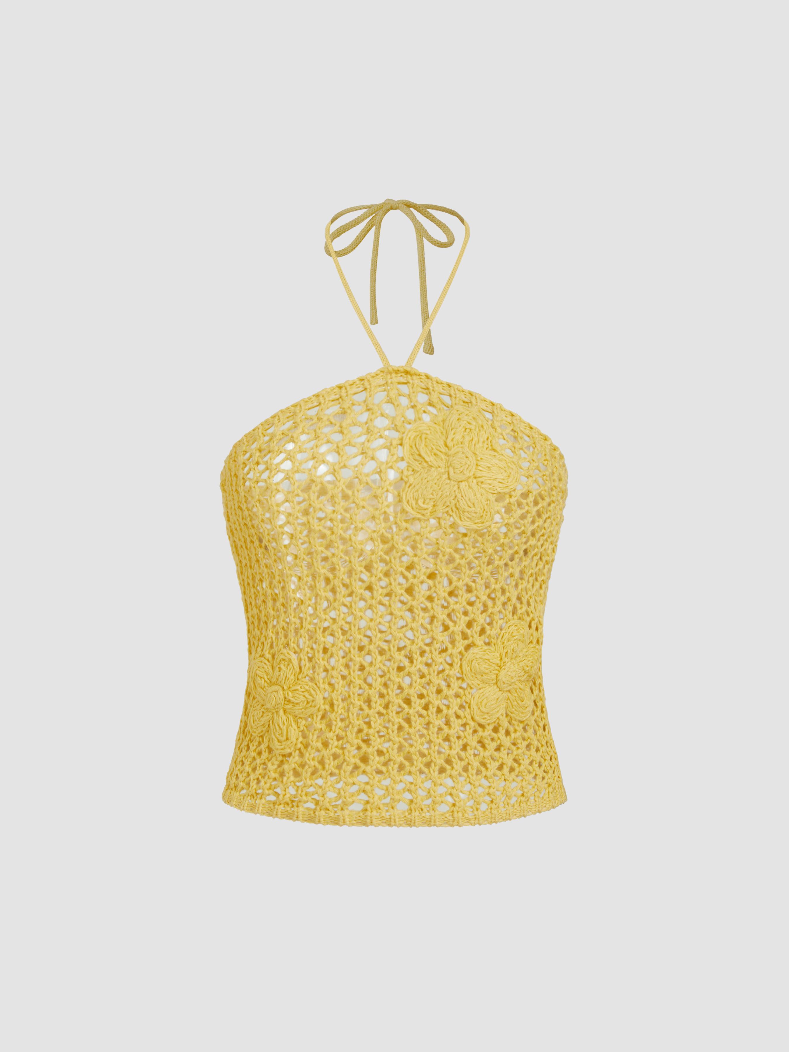 Knitted Crochet Halter Neckline Floral Hollow Out Top by CIDER