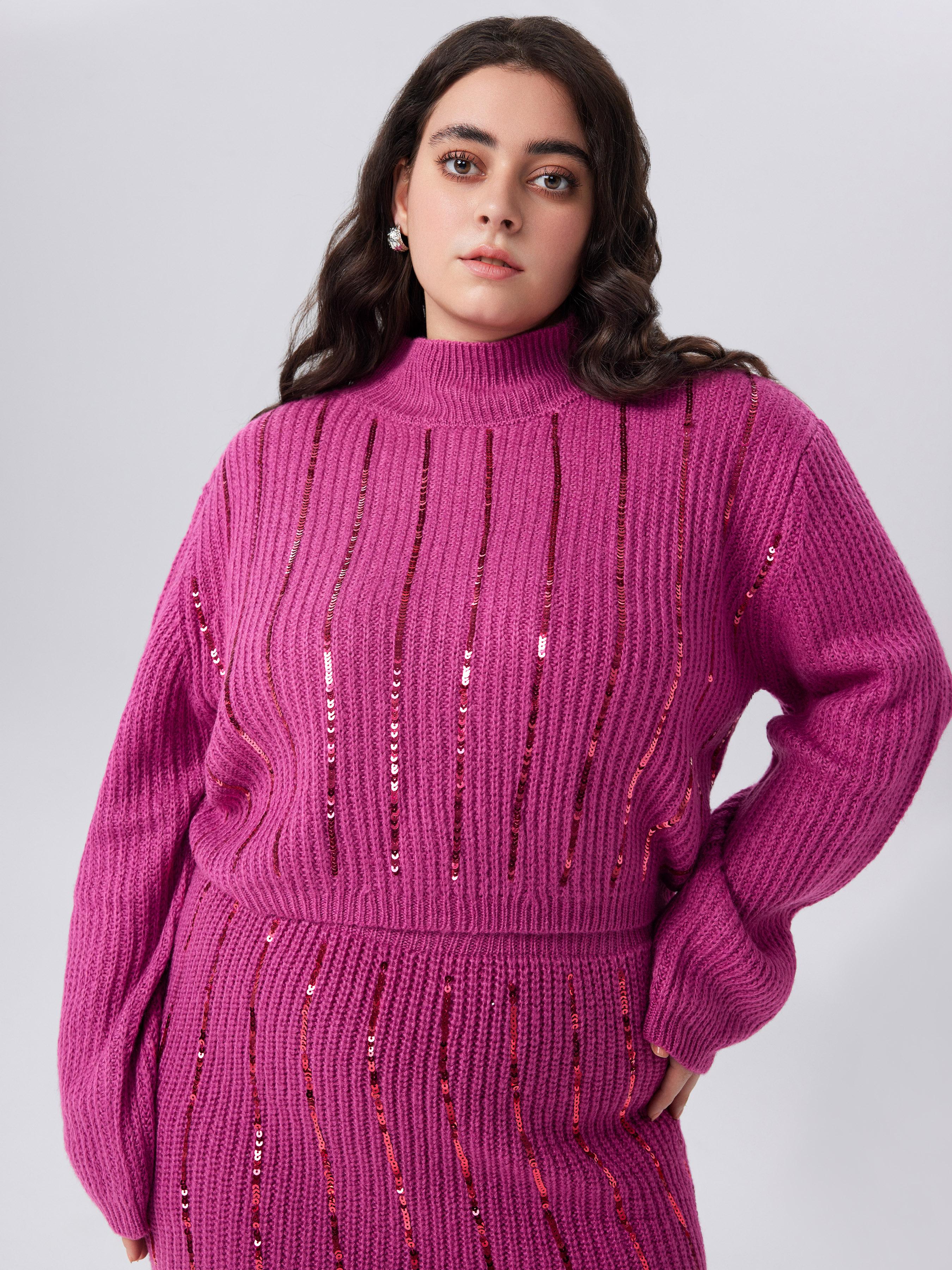 Knitted High Neck Sequins Long Sleeve Crop Top Curve & Plus by CIDER
