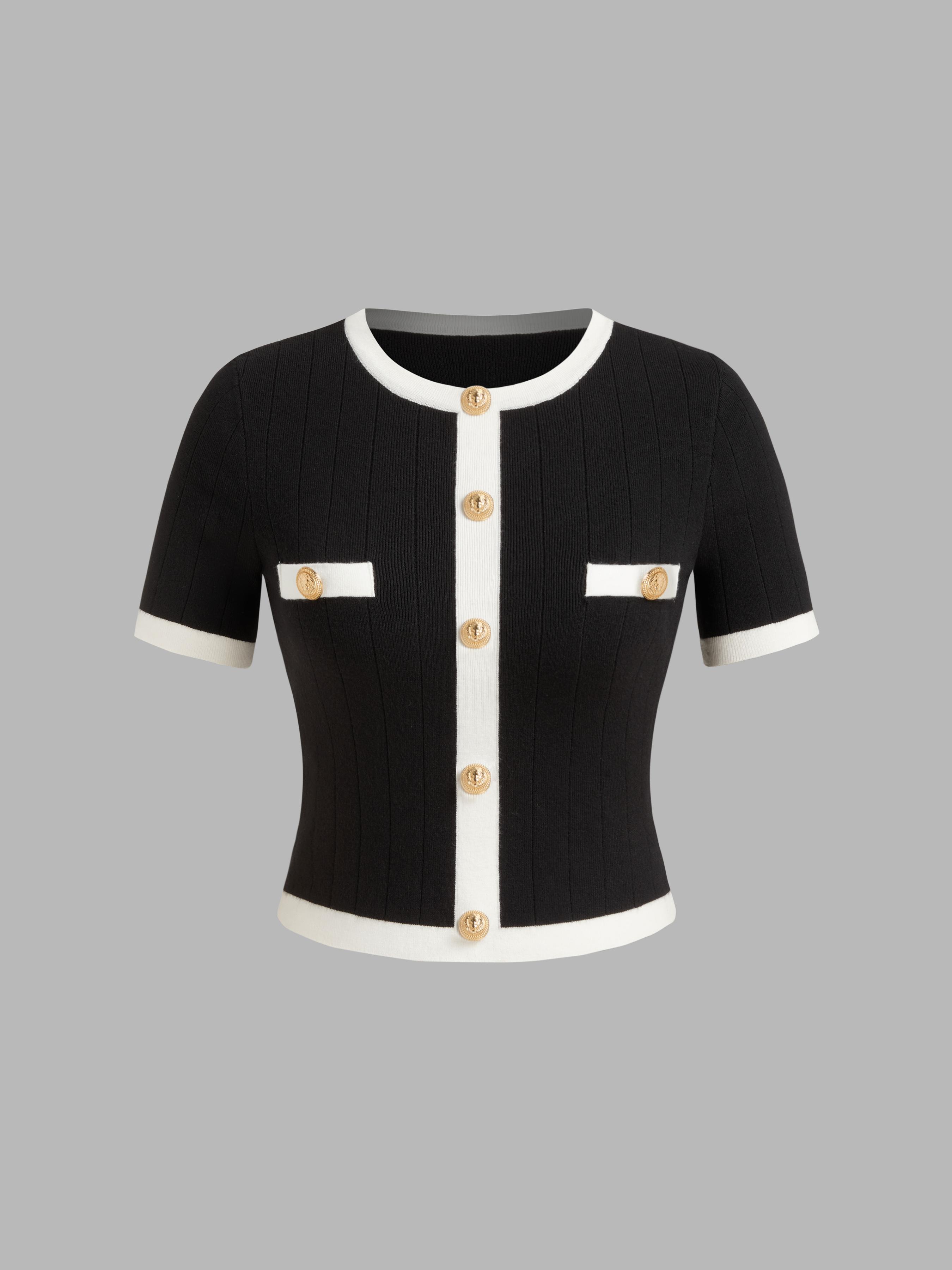 Knitted Round Neck Contrasting Binding Short Sleeve Top by CIDER