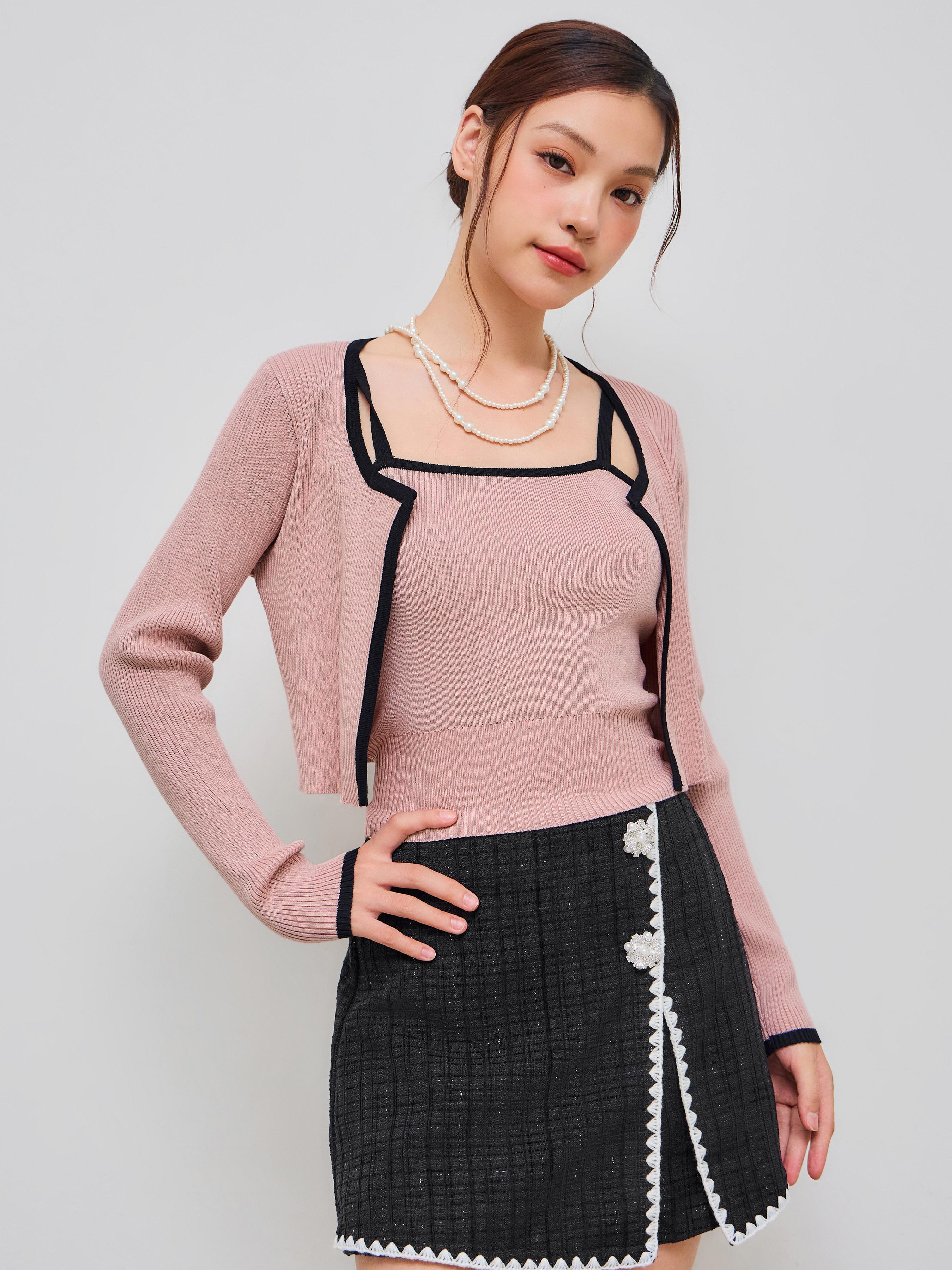 Knitted Round Neckline Solid Contrasting Binding Long Sleeve Top With Crop Cami Top by CIDER