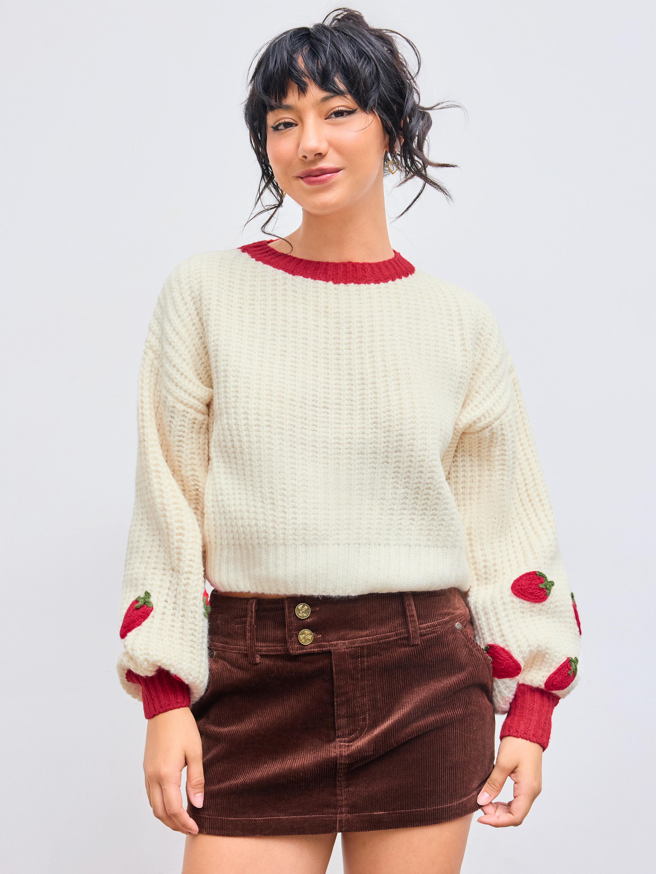 Knitted Round Neckline Strawberry Contrasting Binding Crop Sweater by CIDER
