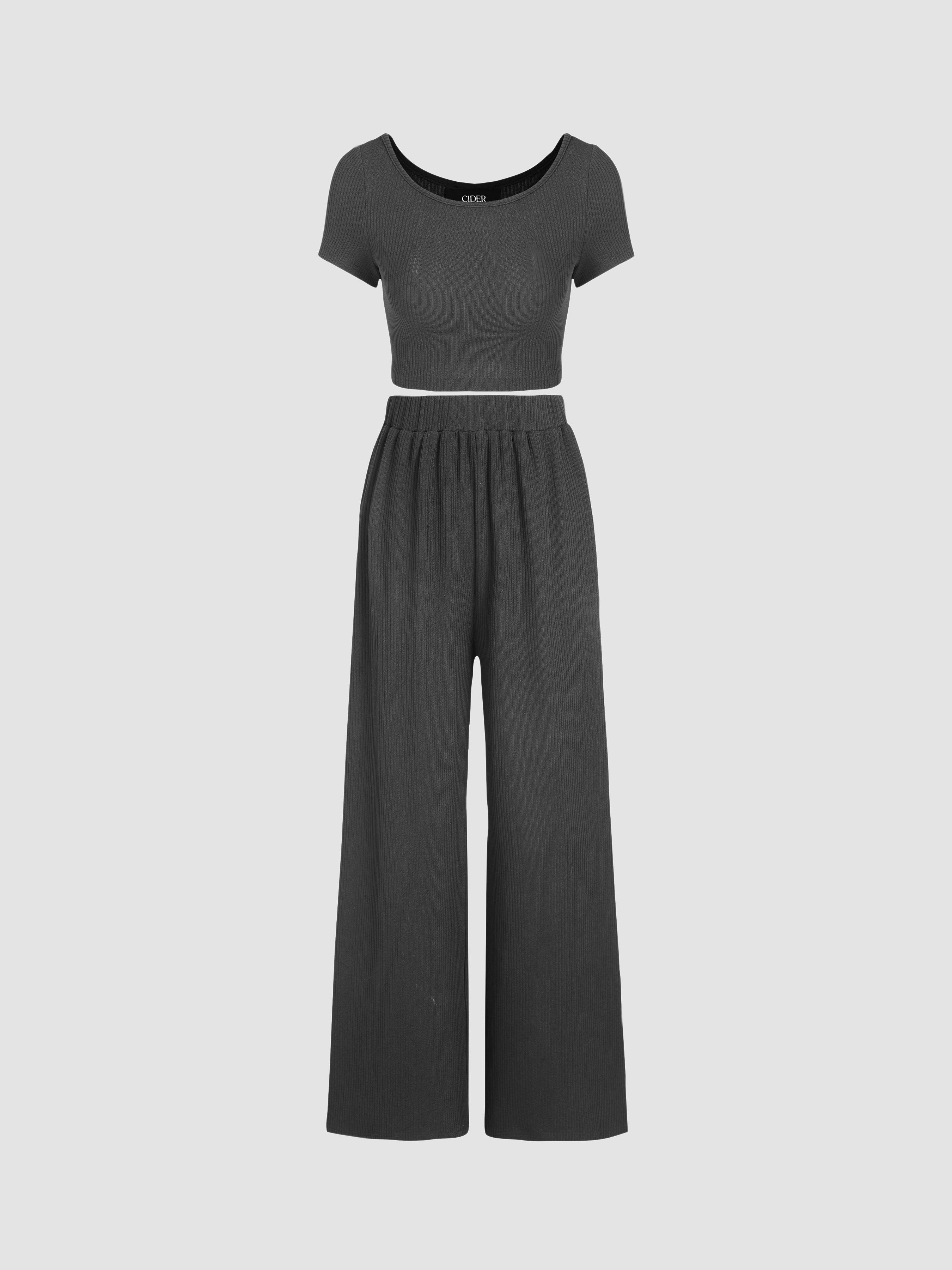 Knitted Short Sleeve Crop Top & Wide Leg Trousers Set by CIDER Knitted Short Sleeve Crop Top & Wide Leg Trousers Set by CIDER