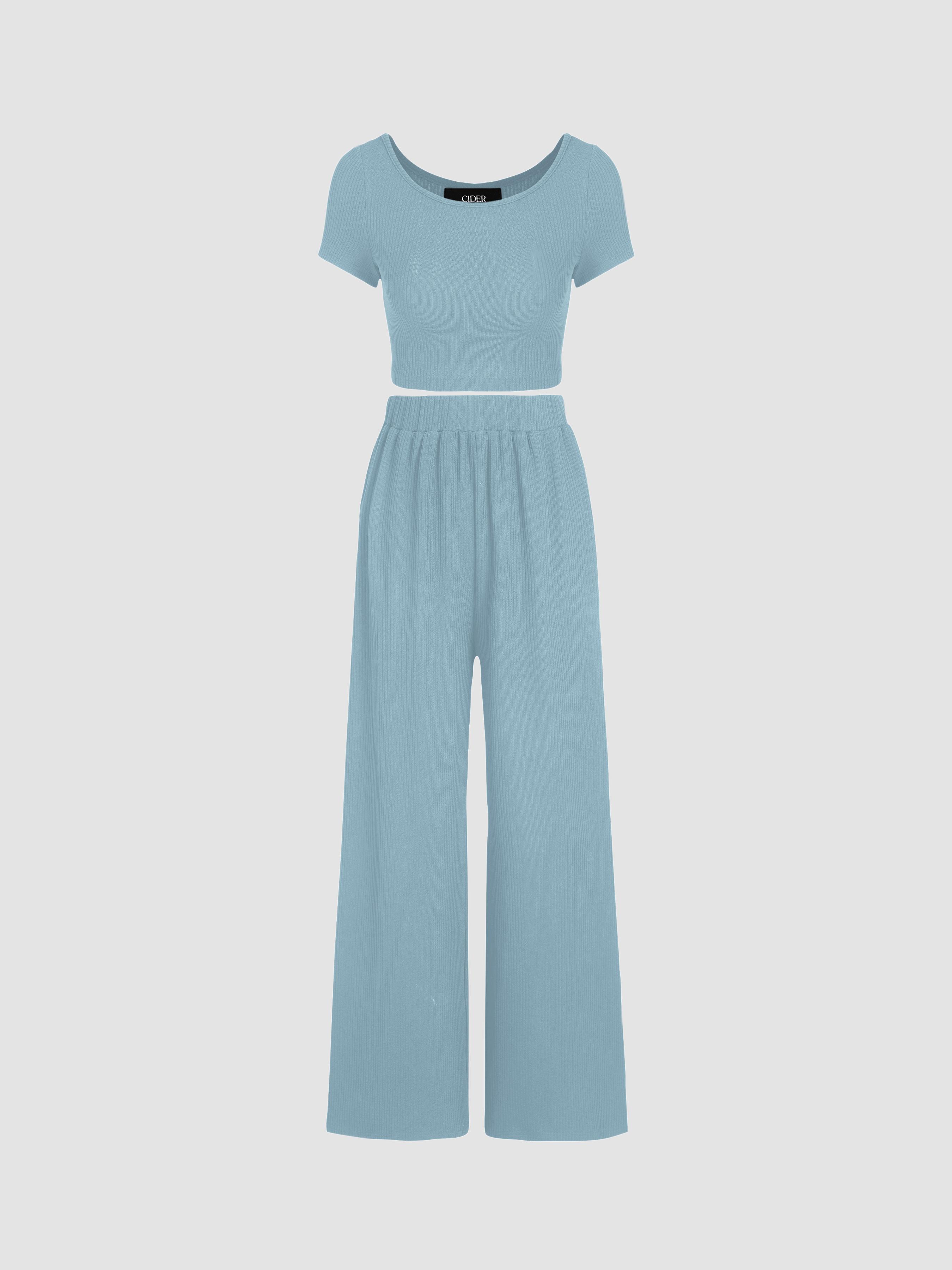 Knitted Short Sleeve Crop Top & Wide Leg Trousers Set by CIDER