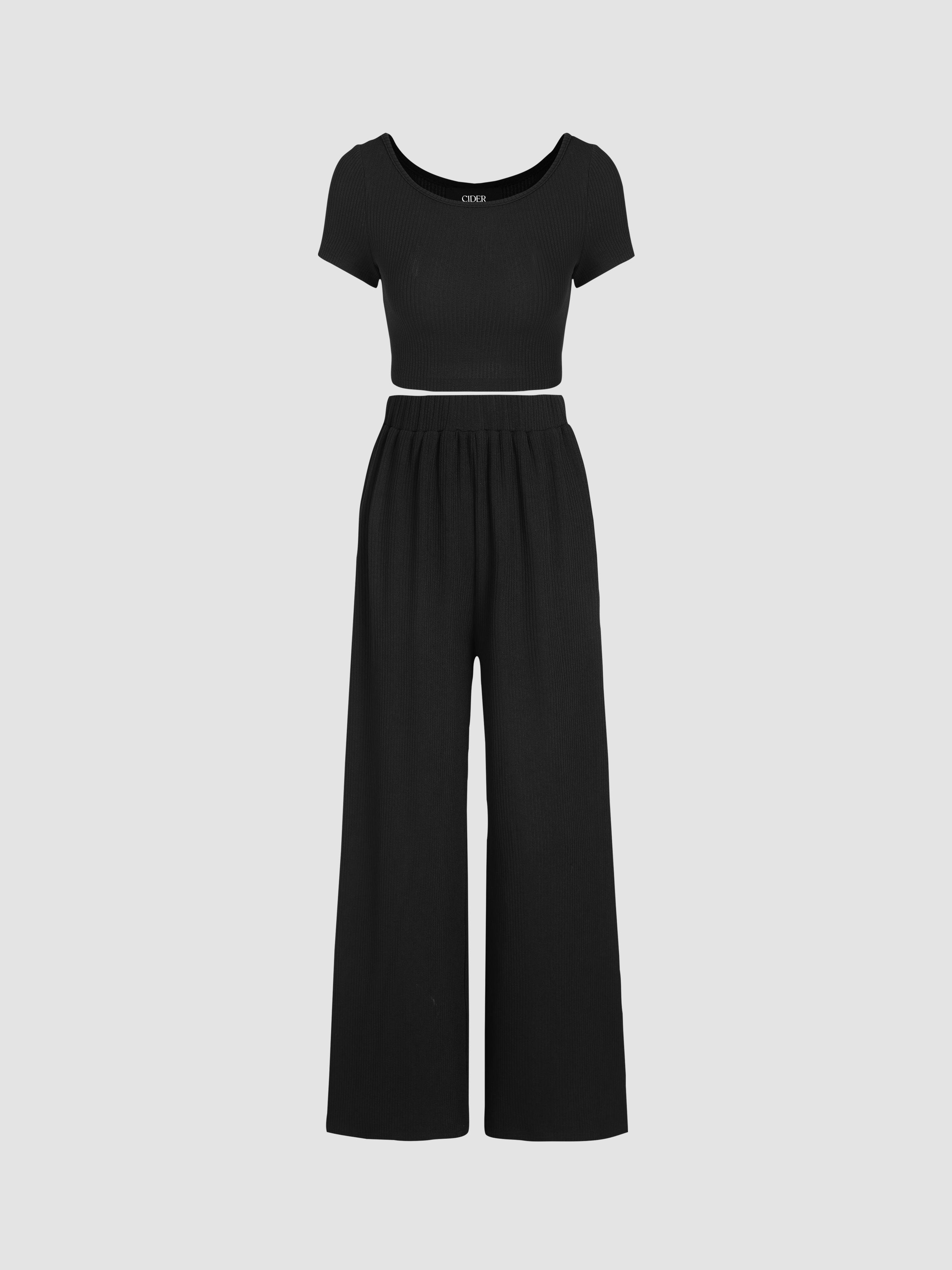 Knitted Short Sleeve Crop Top & Wide Leg Trousers Set by CIDER