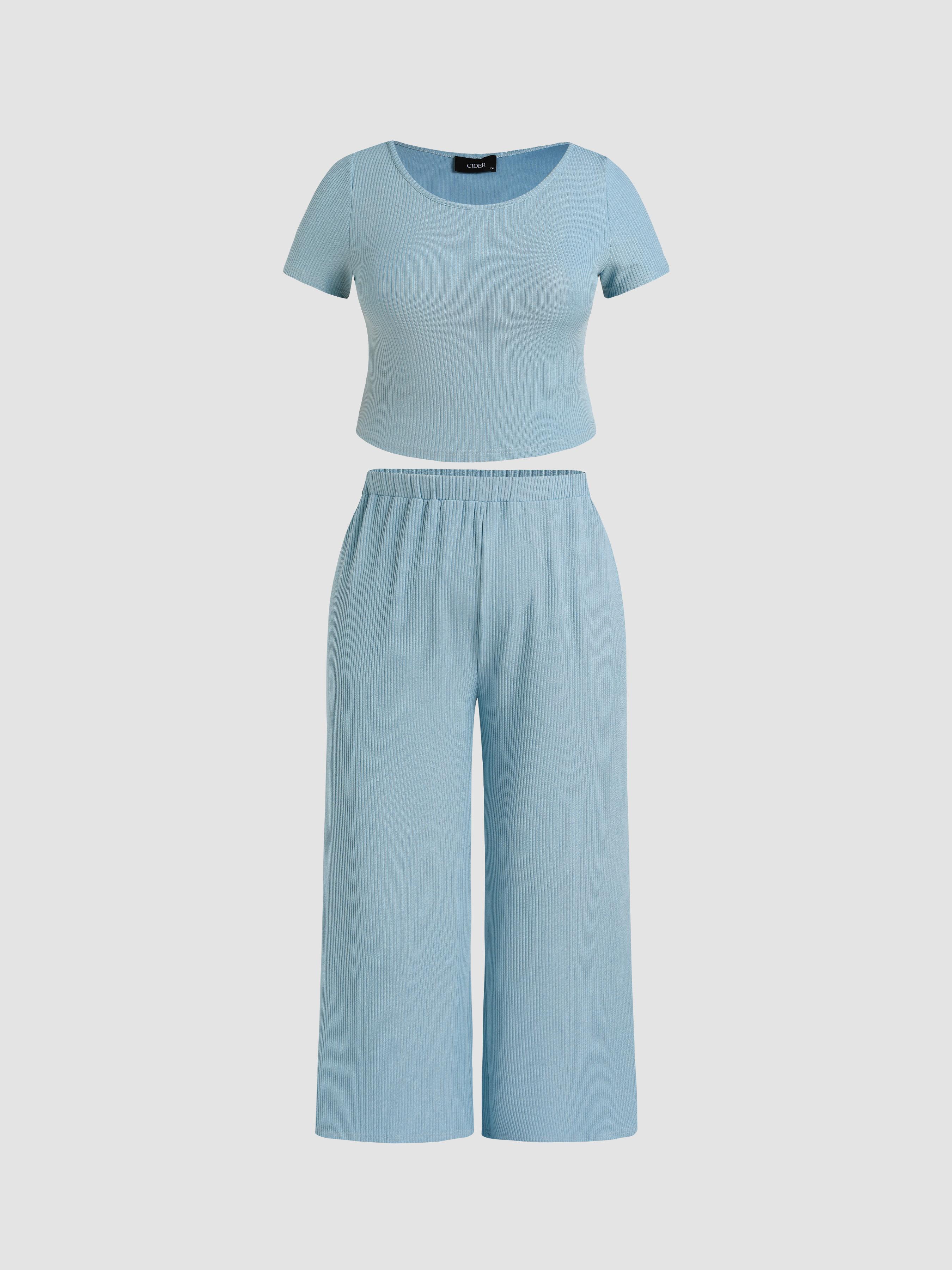 Knitted Short Sleeve Crop Top & Wide Leg Trousers Set Curve & Plus by CIDER Knitted Short Sleeve Crop Top & Wide Leg Trousers Set Curve & Plus by CIDER