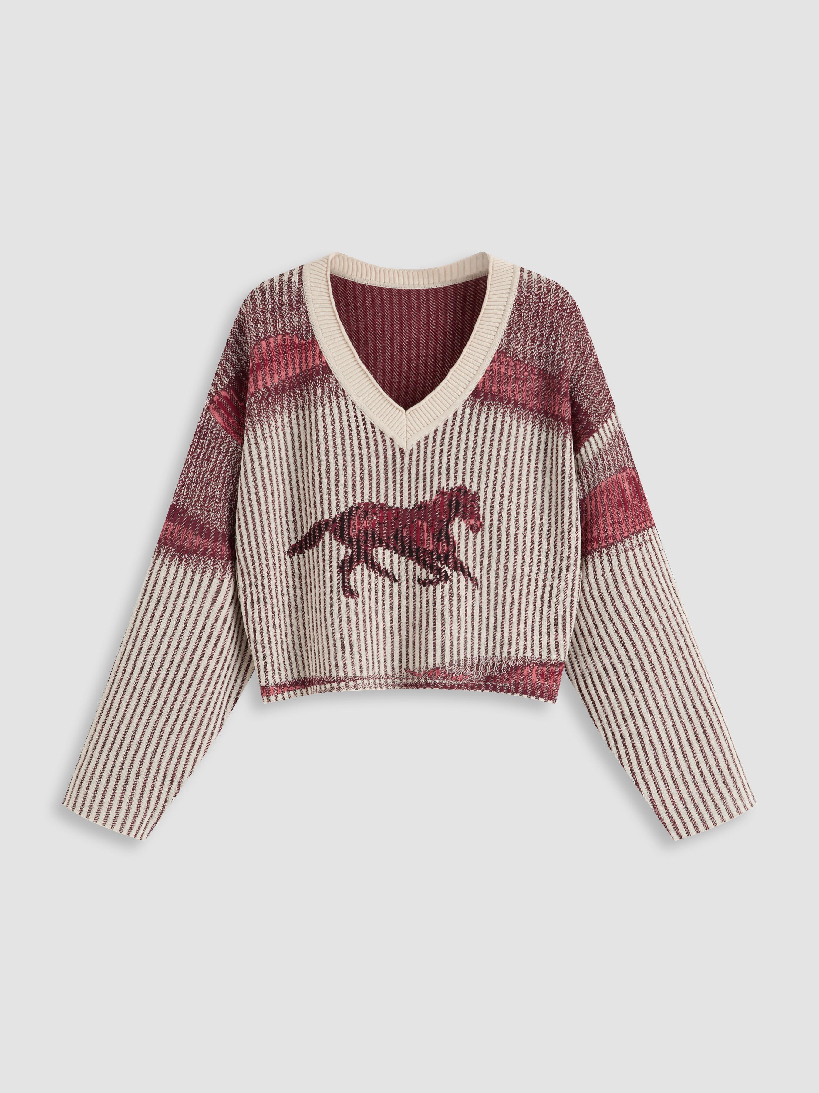 Knitted V-neck Horse Stripe Long Sleeve Sweater by CIDER
