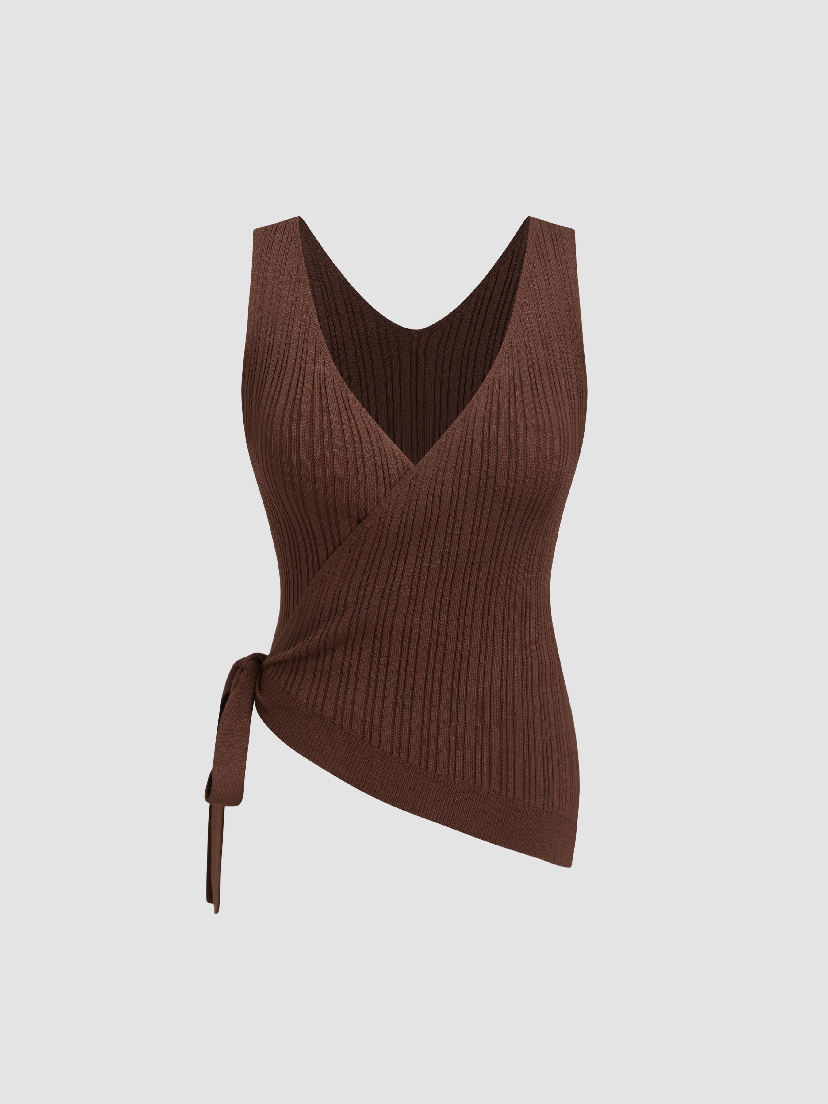 Knitted V-neck Rib Asymmetrical Hem Knotted Top by CIDER