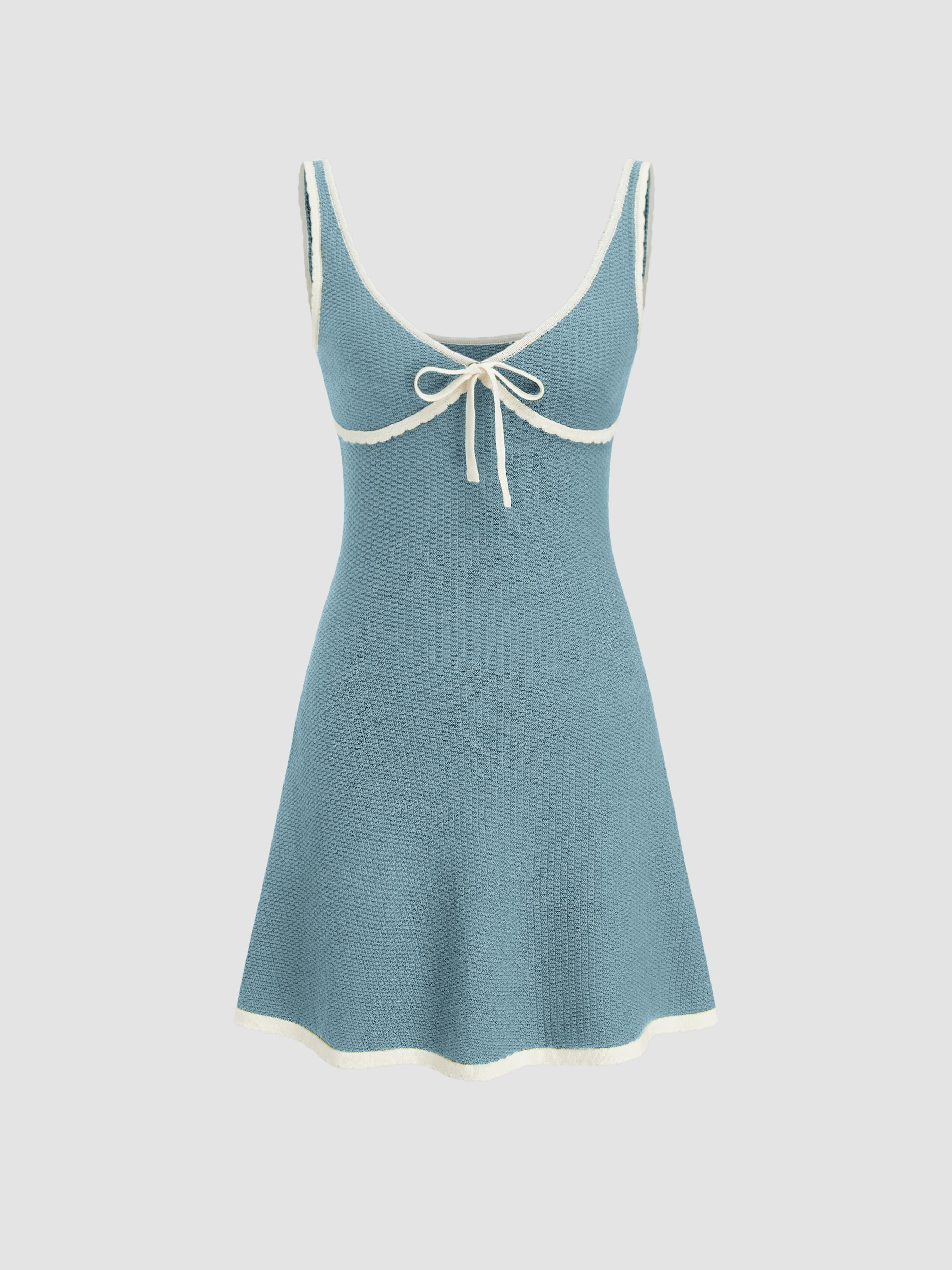 Knitted V-neck Solid Contrasting Binding Knotted Mini Dress by CIDER