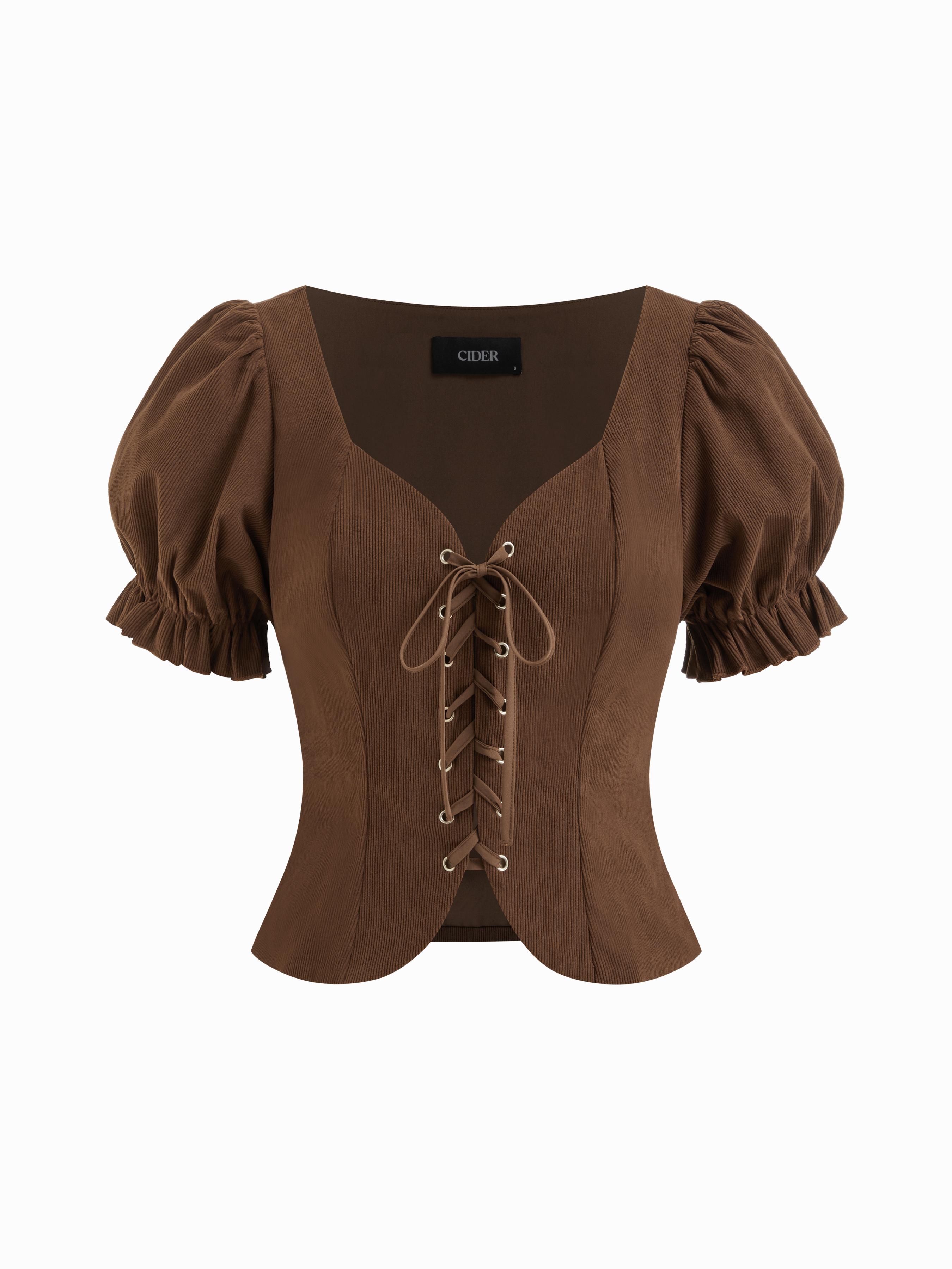 Kord Sweetheart-Hals-Puffärmel-Bluse mit Schnürung und Spitze by CIDER