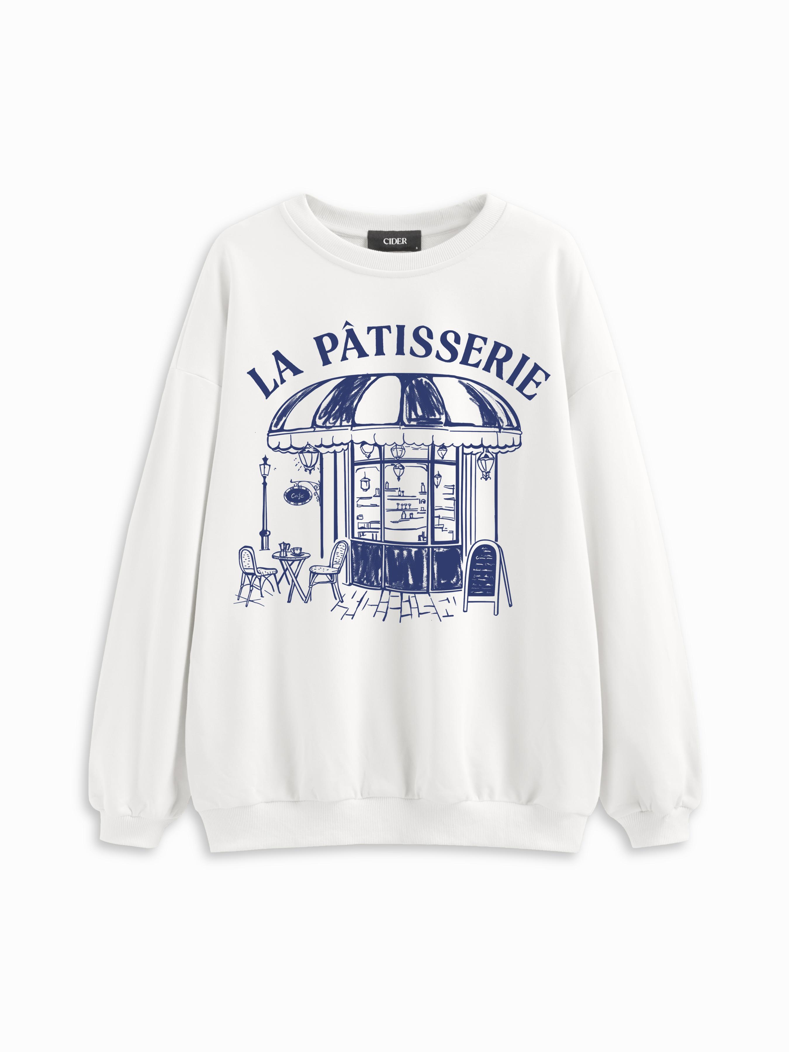 La Patisserie Cotton Graphic Round Neckline Long Sleeve Oversized Sweatshirt by CIDER