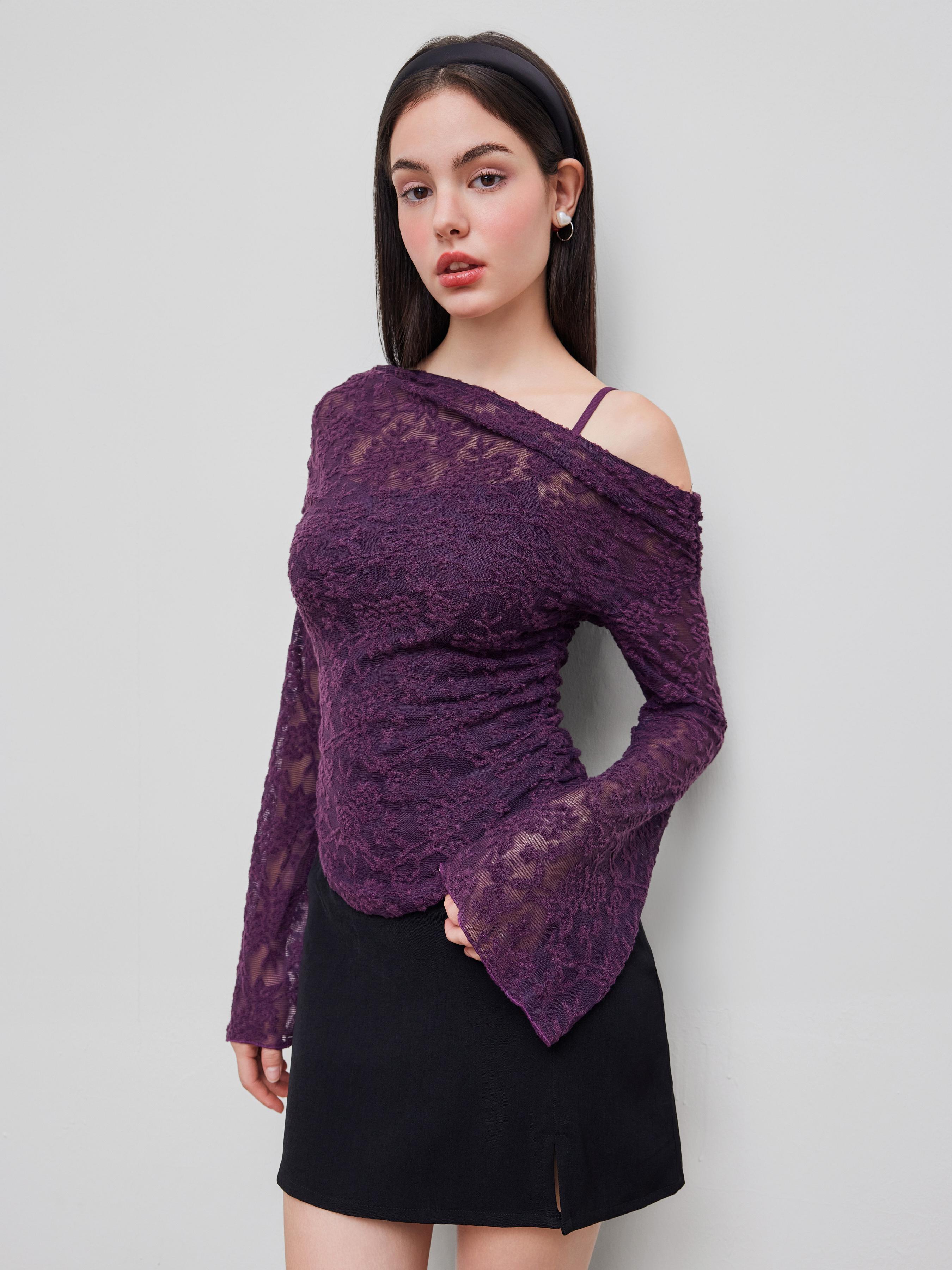Lace Asymmetrical Neck Floral Curved Hem Long Sleeve Top by CIDER