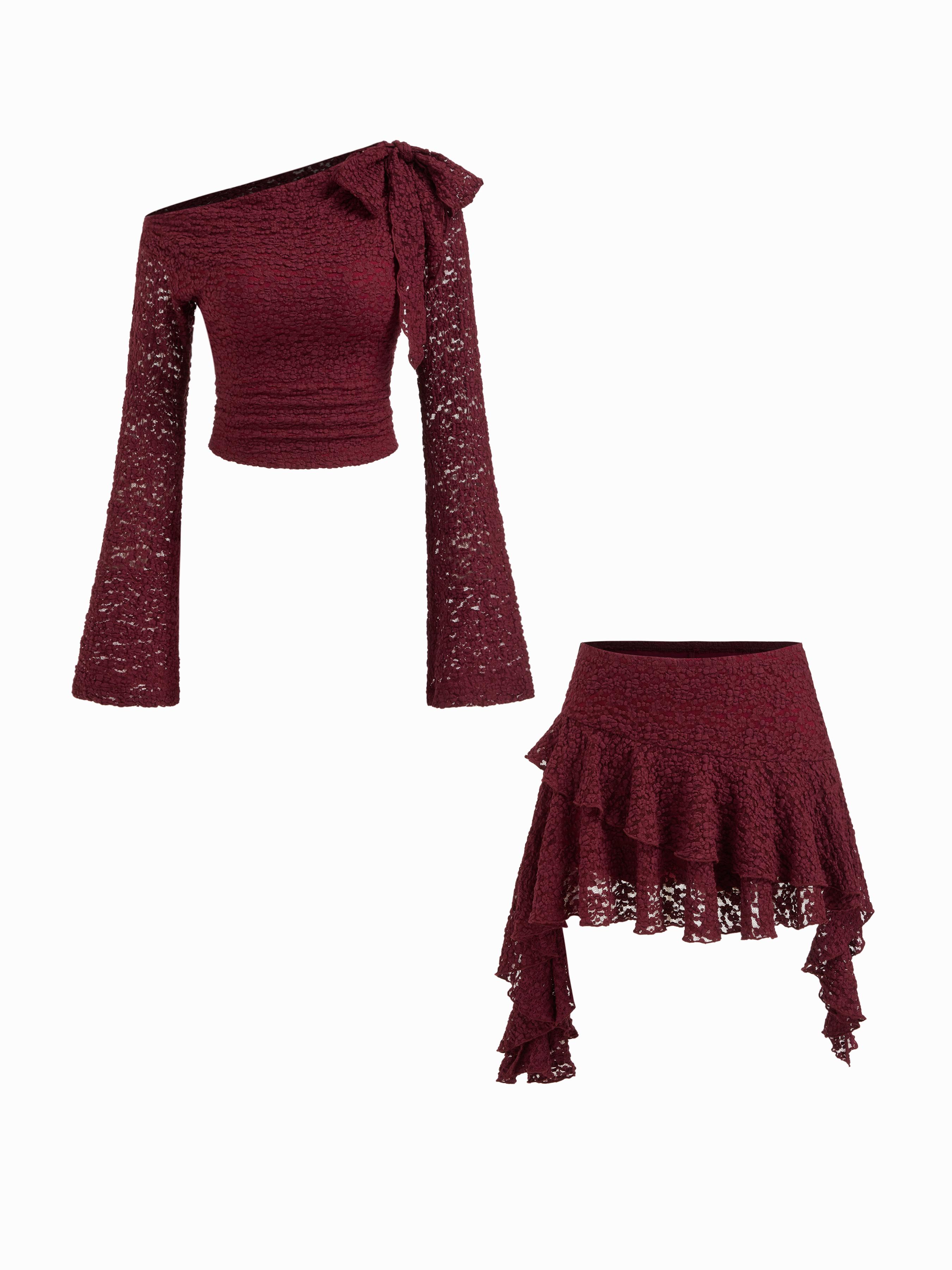 Lace Asymmetrical Neck Ruched Bell Sleeve Top & Layered Ruffle Hem Mini Skirt Set by CIDER