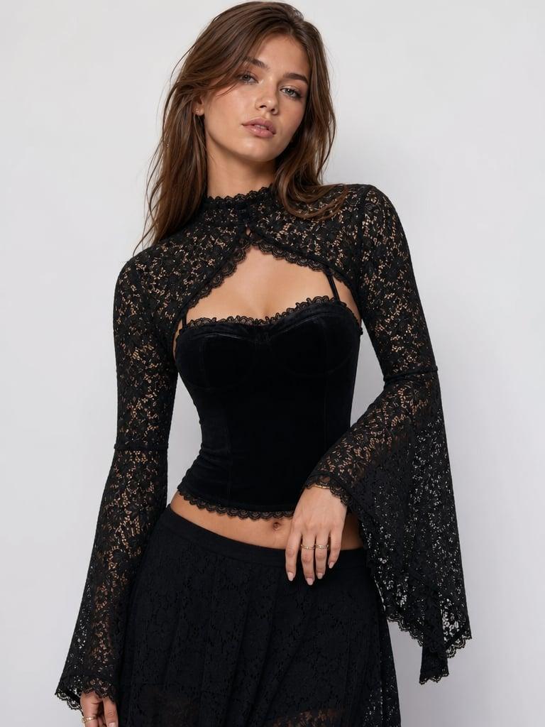 Lace Bell Sleeve Bolero Crop Top by CIDER