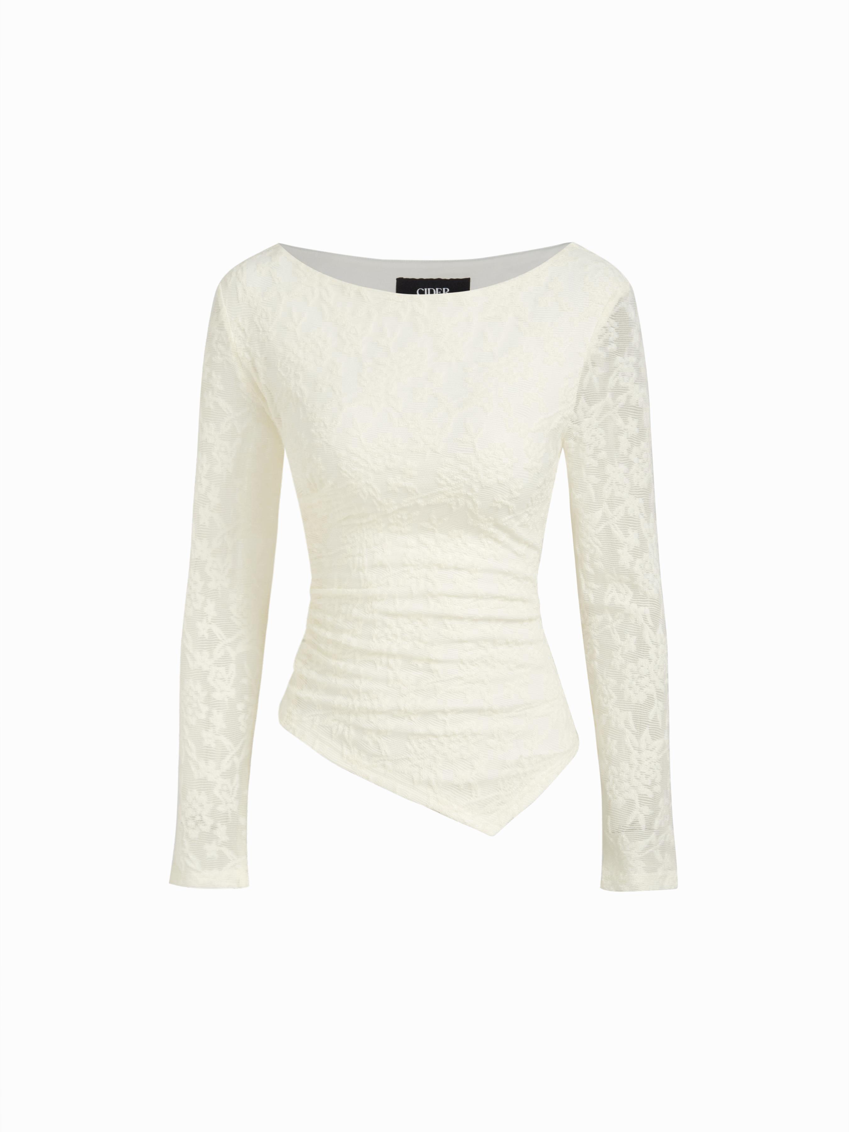 Lace Boat Neck Asymmetrical Hem Ruched Long Sleeve Top by CIDER