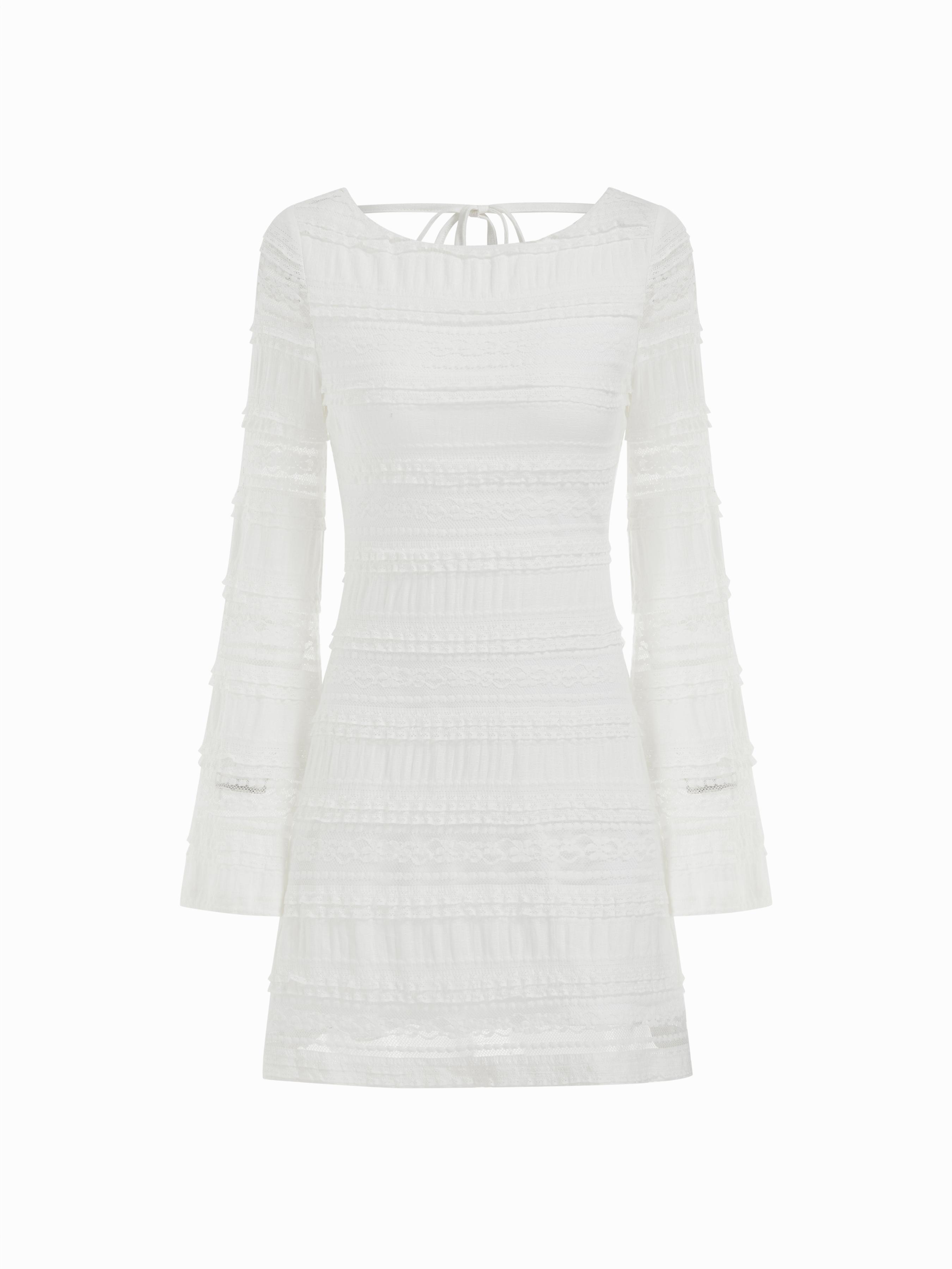Lace Boat Neck Knotted Backless Bell Sleeve Mini Dress by CIDER