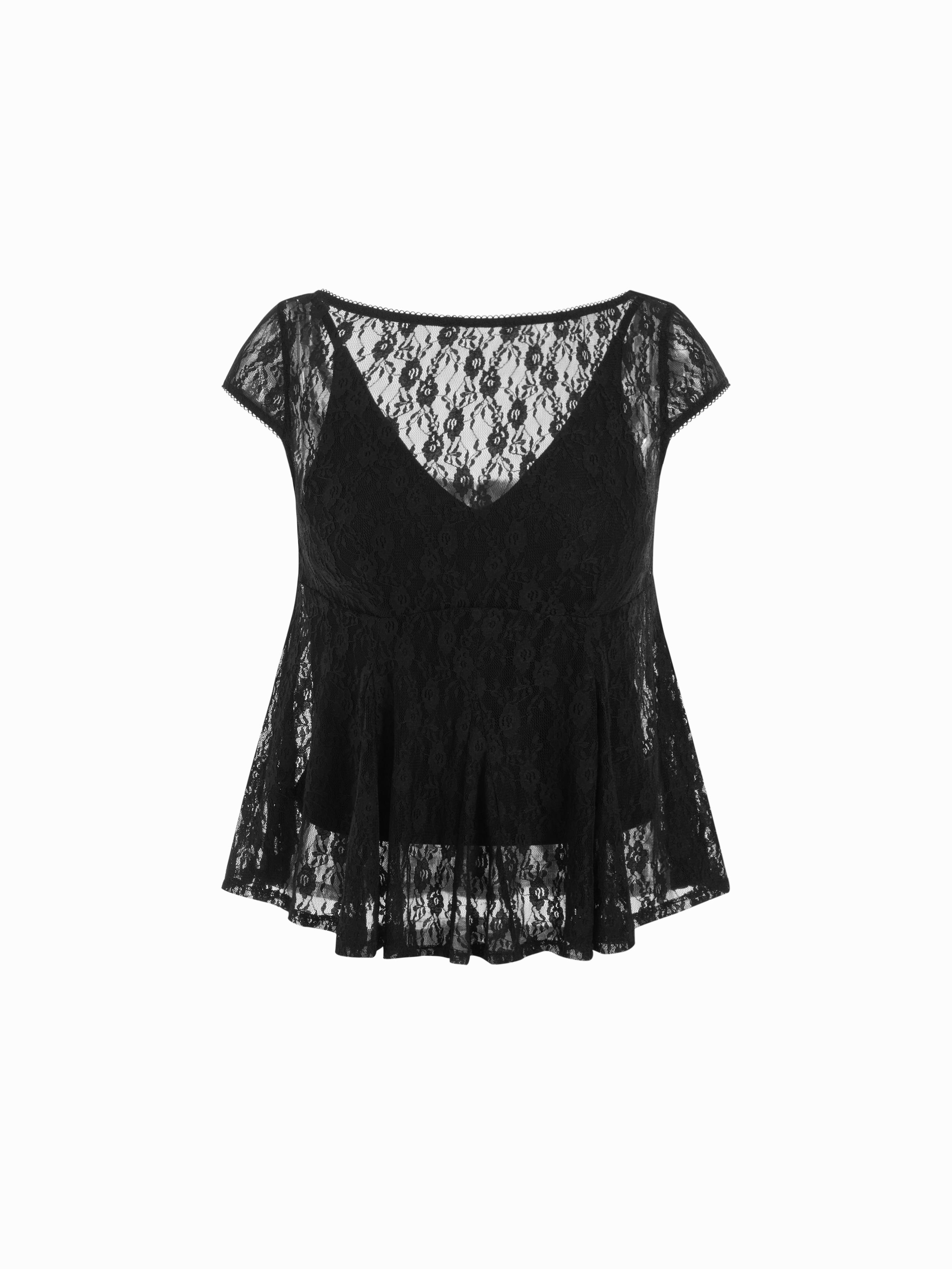 Lace Boat Neck Short Sleeve Backless Blouse & Cami Top Set by CIDER