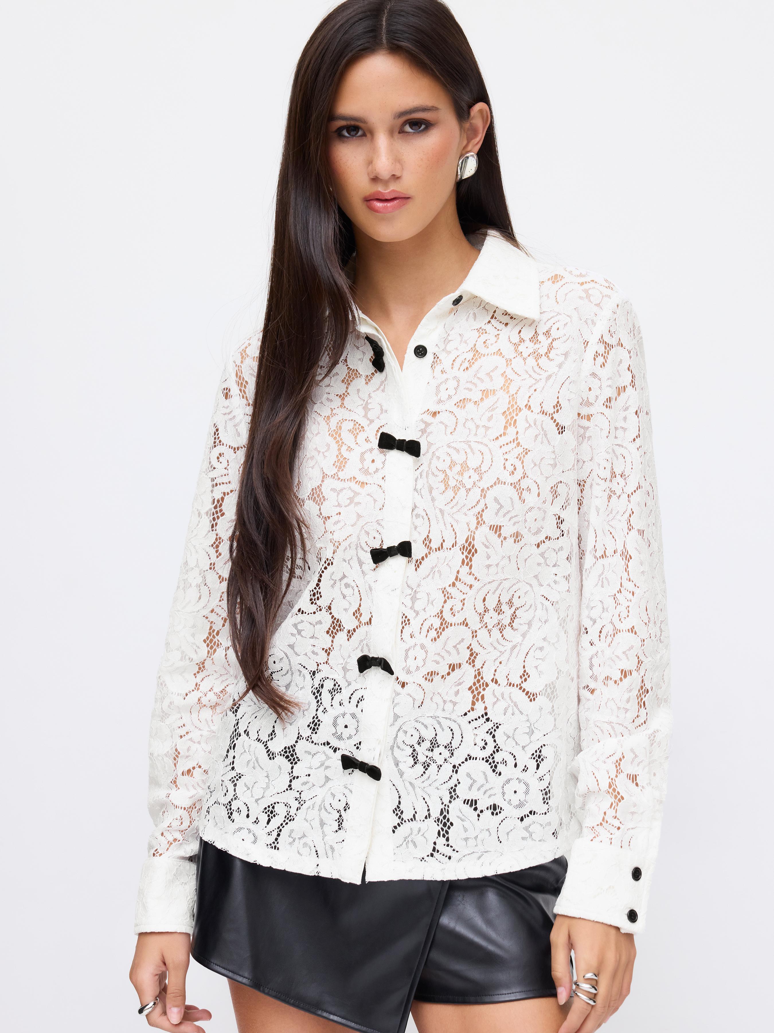 Lace Collar Bowknot Button Hollow Out Long Sleeve Blouse by CIDER