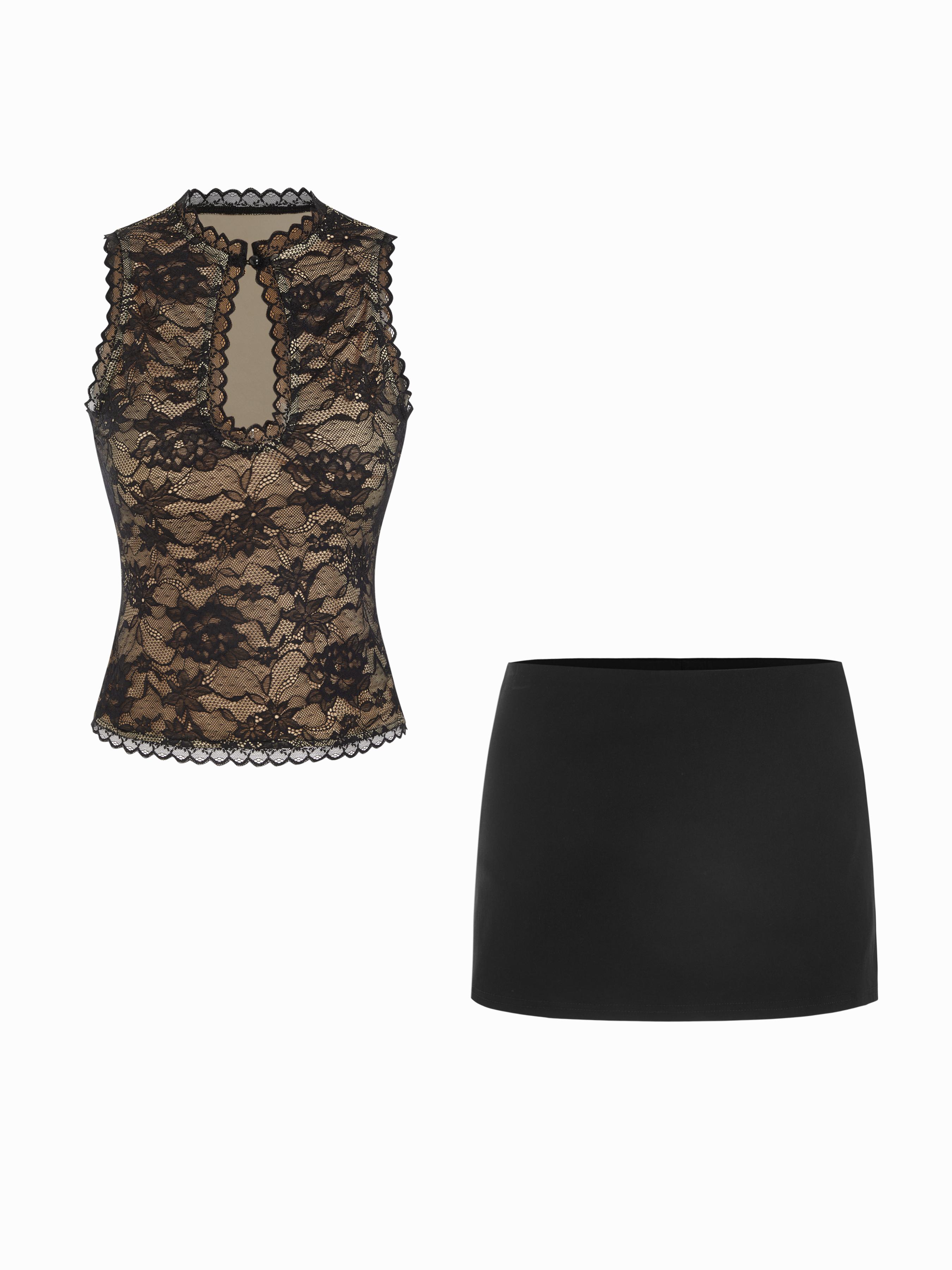 Lace Cut Out Halter Neck Top & Low Rise A-line Mini Skirt Set by CIDER