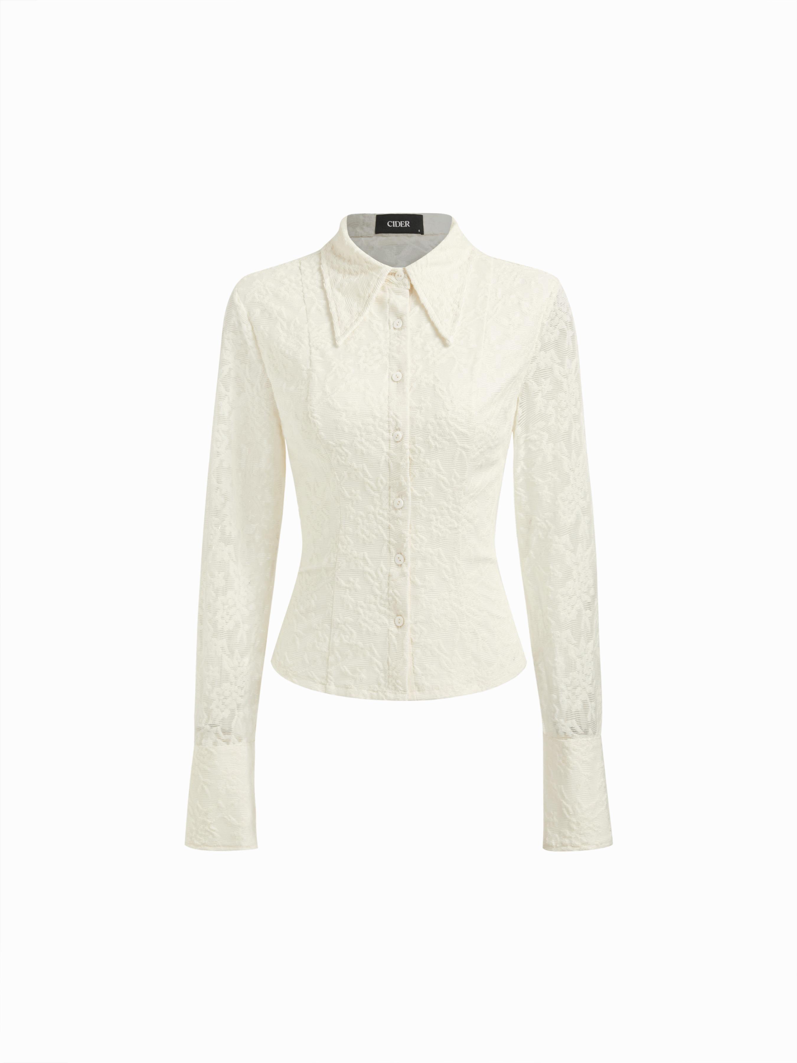 Lace Floral Collar Long Sleeve Button Top by CIDER