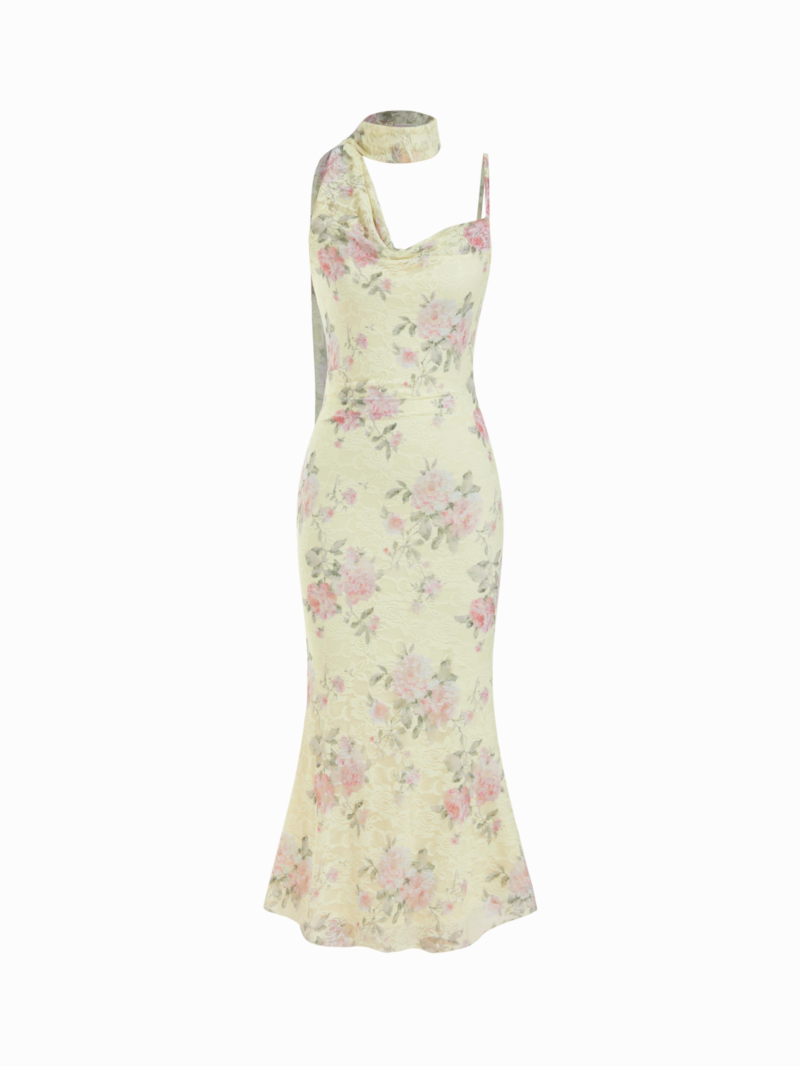 Lace Floral Cowl Neck Mermaid Maxi Dress With Scarf by CIDER