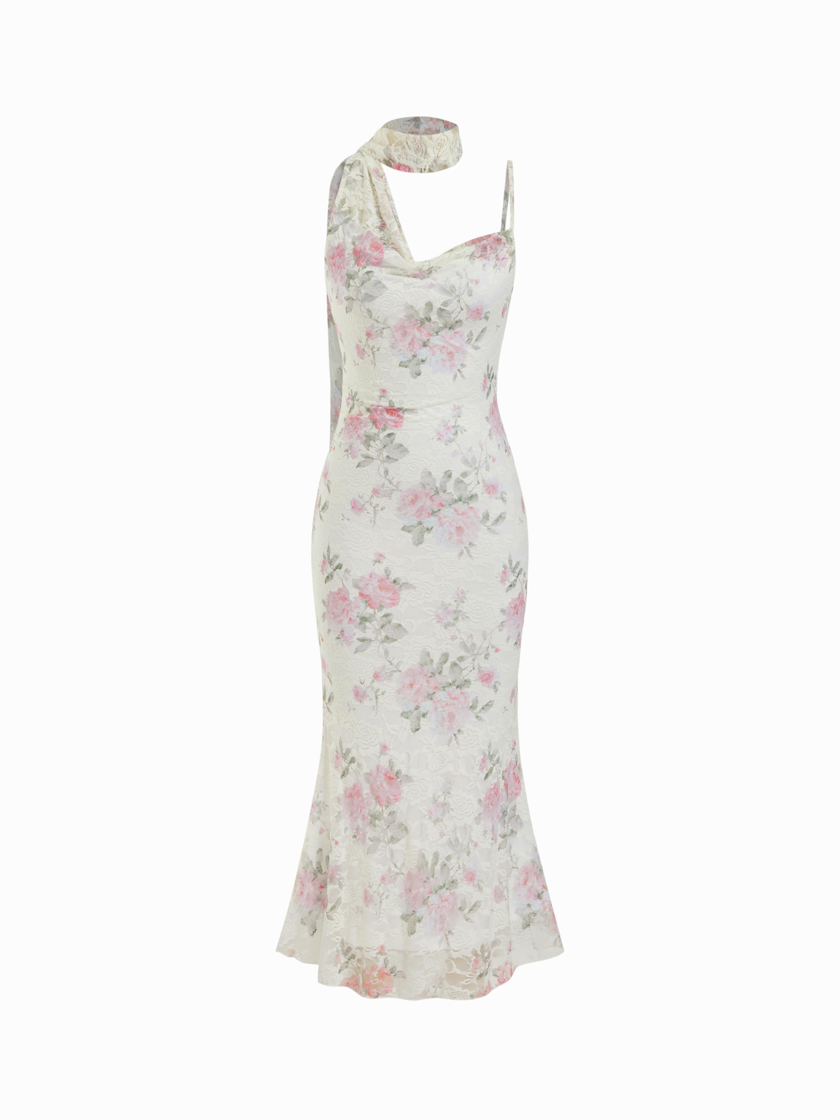 Lace Floral Cowl Neck Mermaid Maxi Dress With Scarf by CIDER
