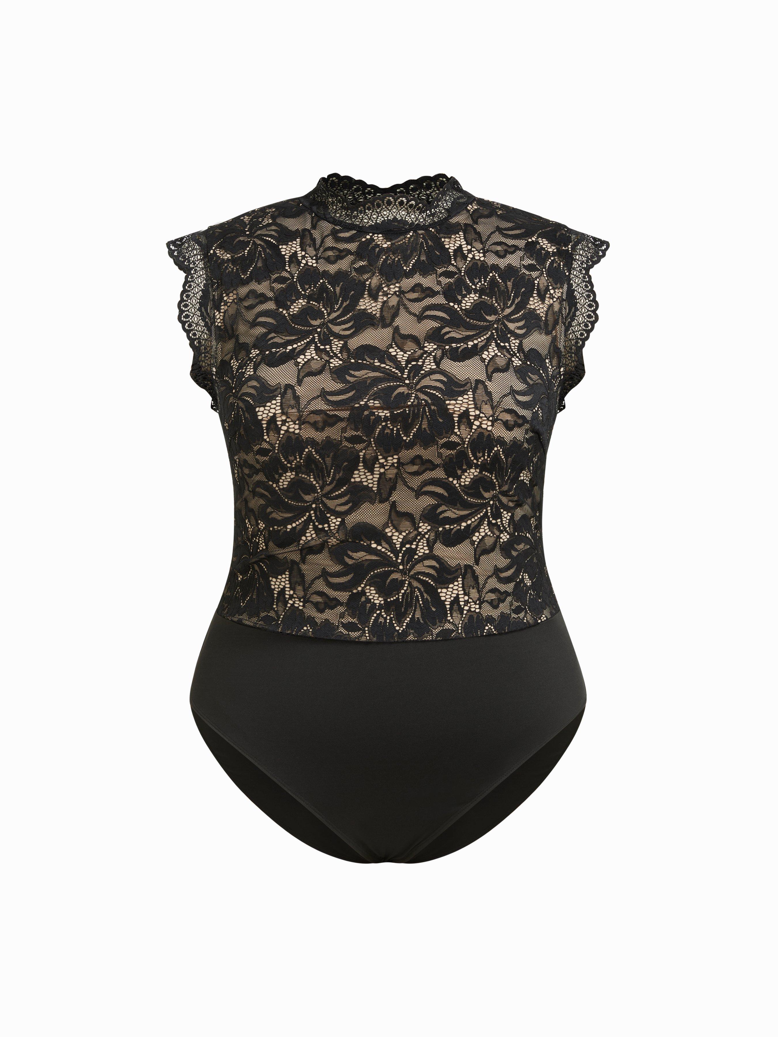 Lace Floral High Neck Sleeveless Bodysuit Curve & Plus by CIDER