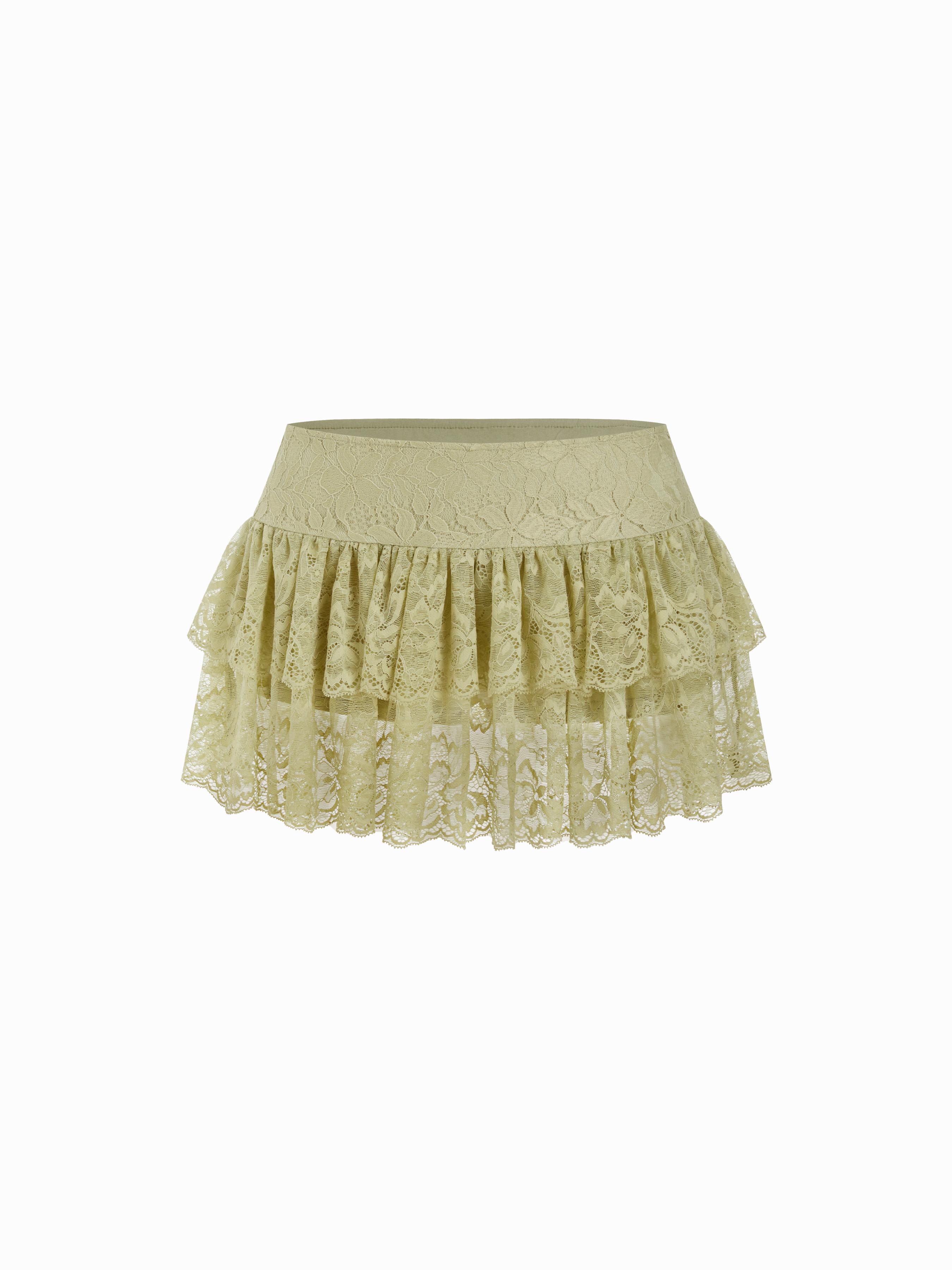 Lace Floral Low Rise Ruffled Layered Mini Skirt by CIDER