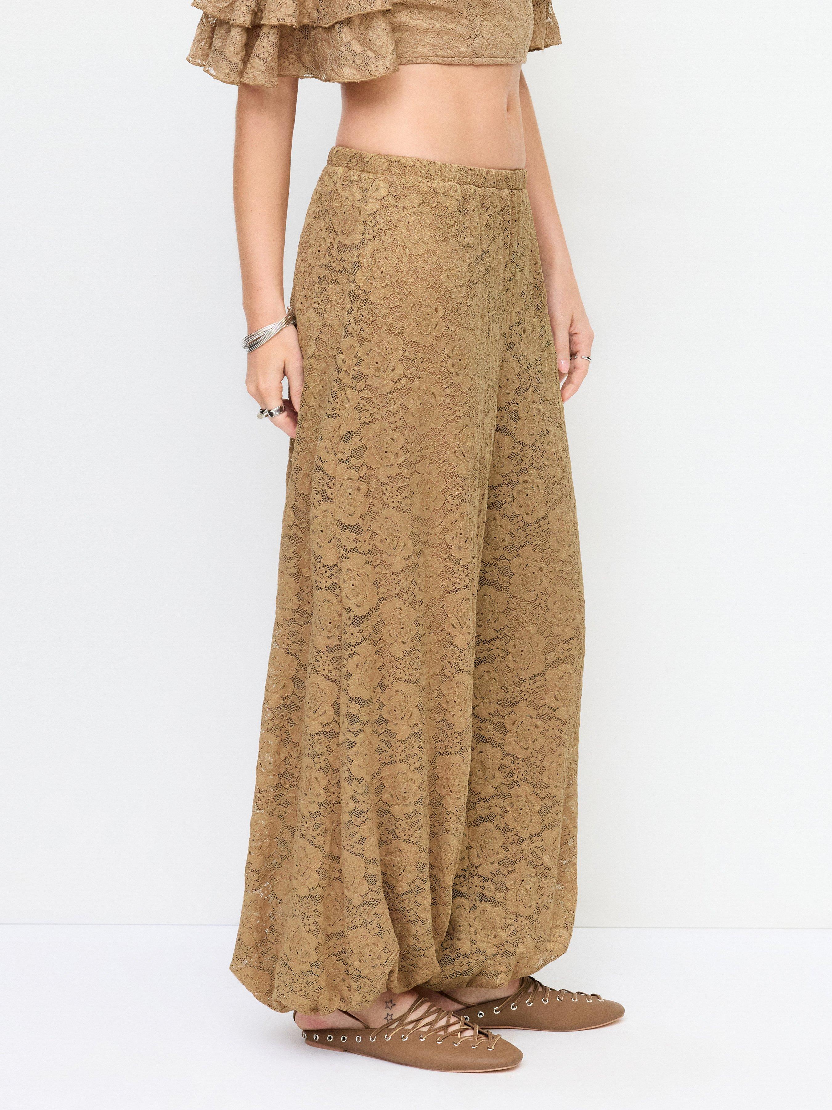 Lace Floral Mid Rise Elastic Waist Balloon Trousers by CIDER