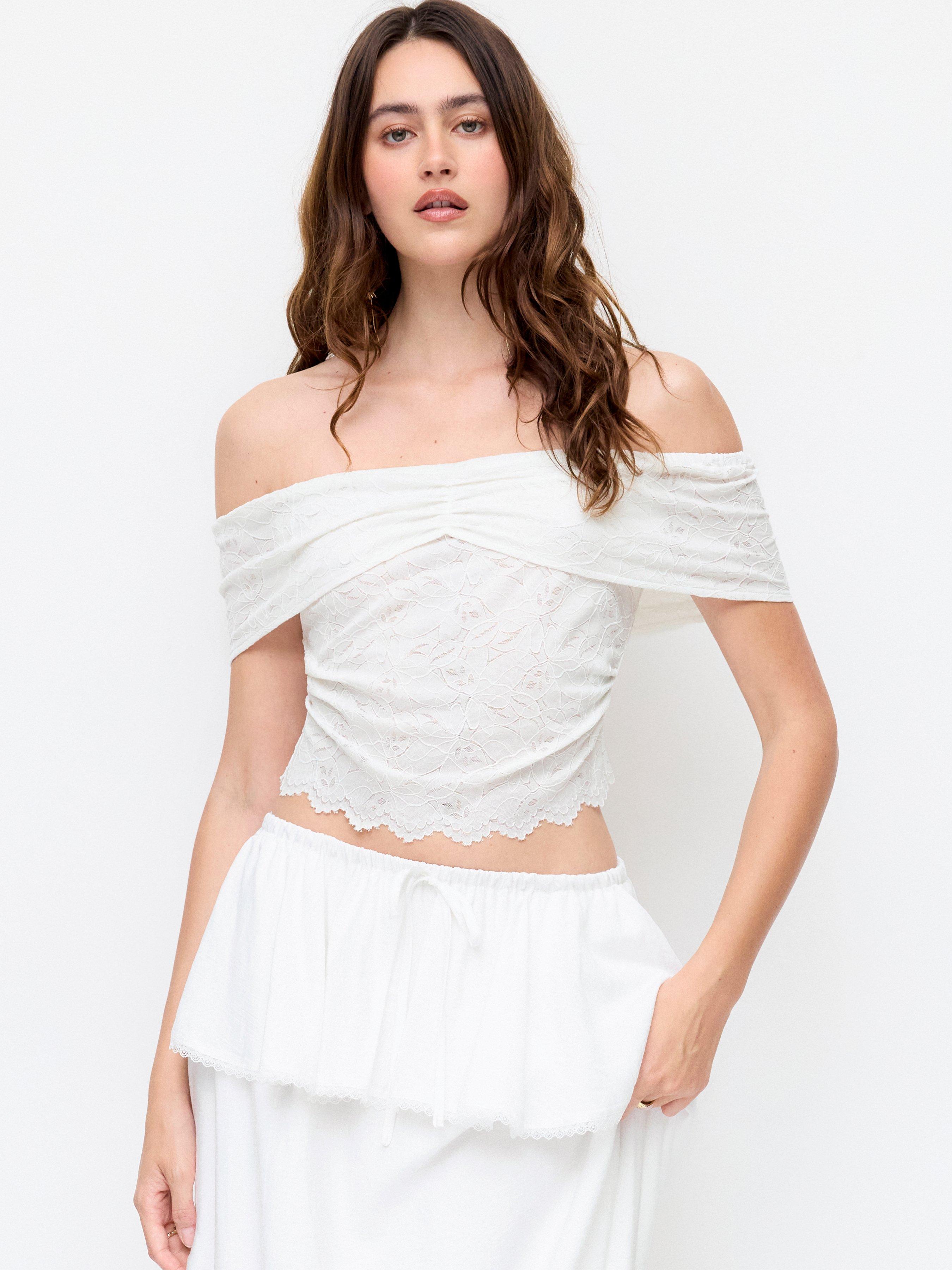 Lace Floral Off-Shoulder Short Sleeve Top by CIDER