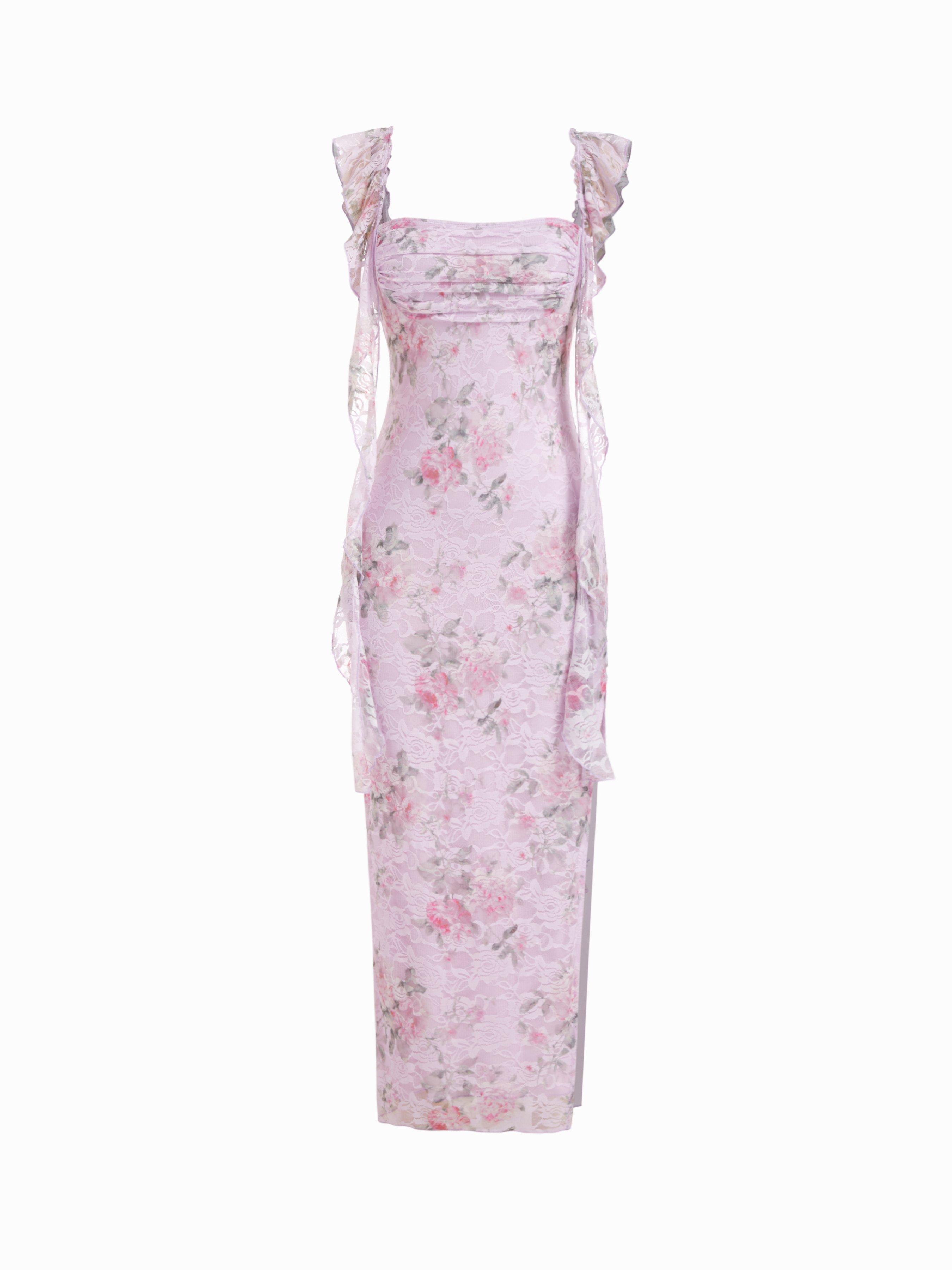 Lace Floral Ruffle Hem Split Maxi Dress by CIDER