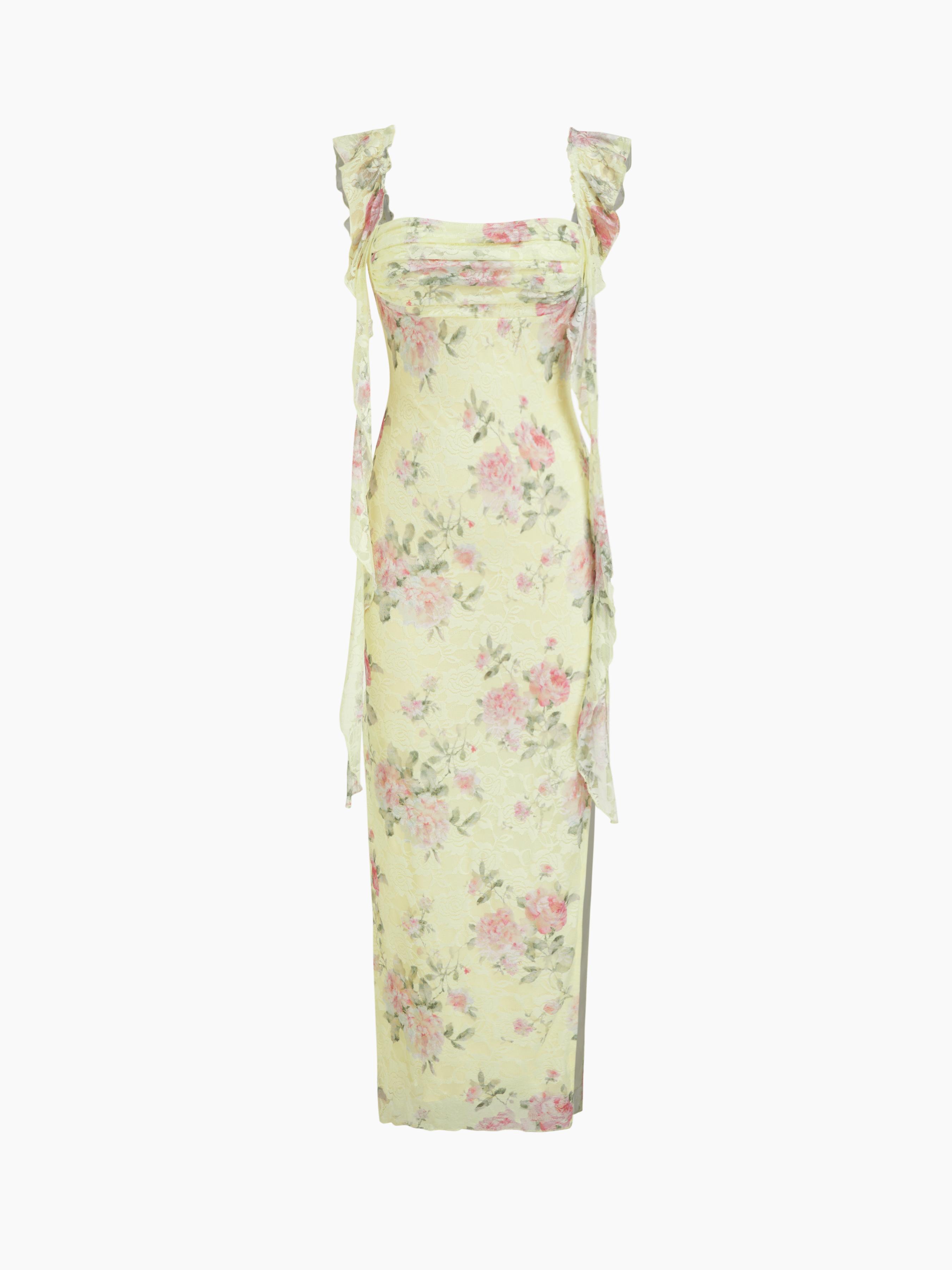 Lace Floral Ruffle Hem Split Maxi Dress by CIDER