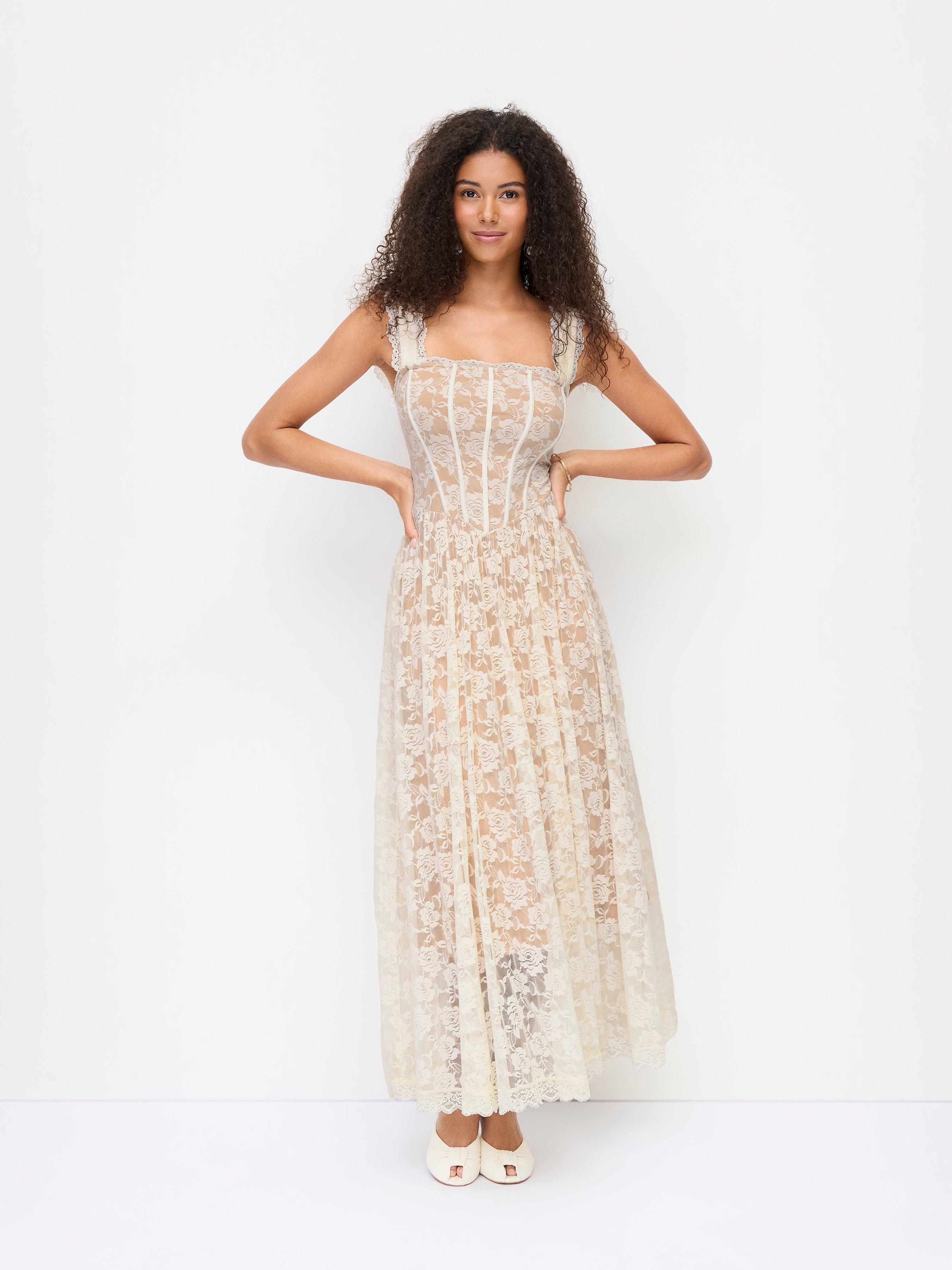Lace Floral Square Neck Corset Flared Maxi Dress by CIDER