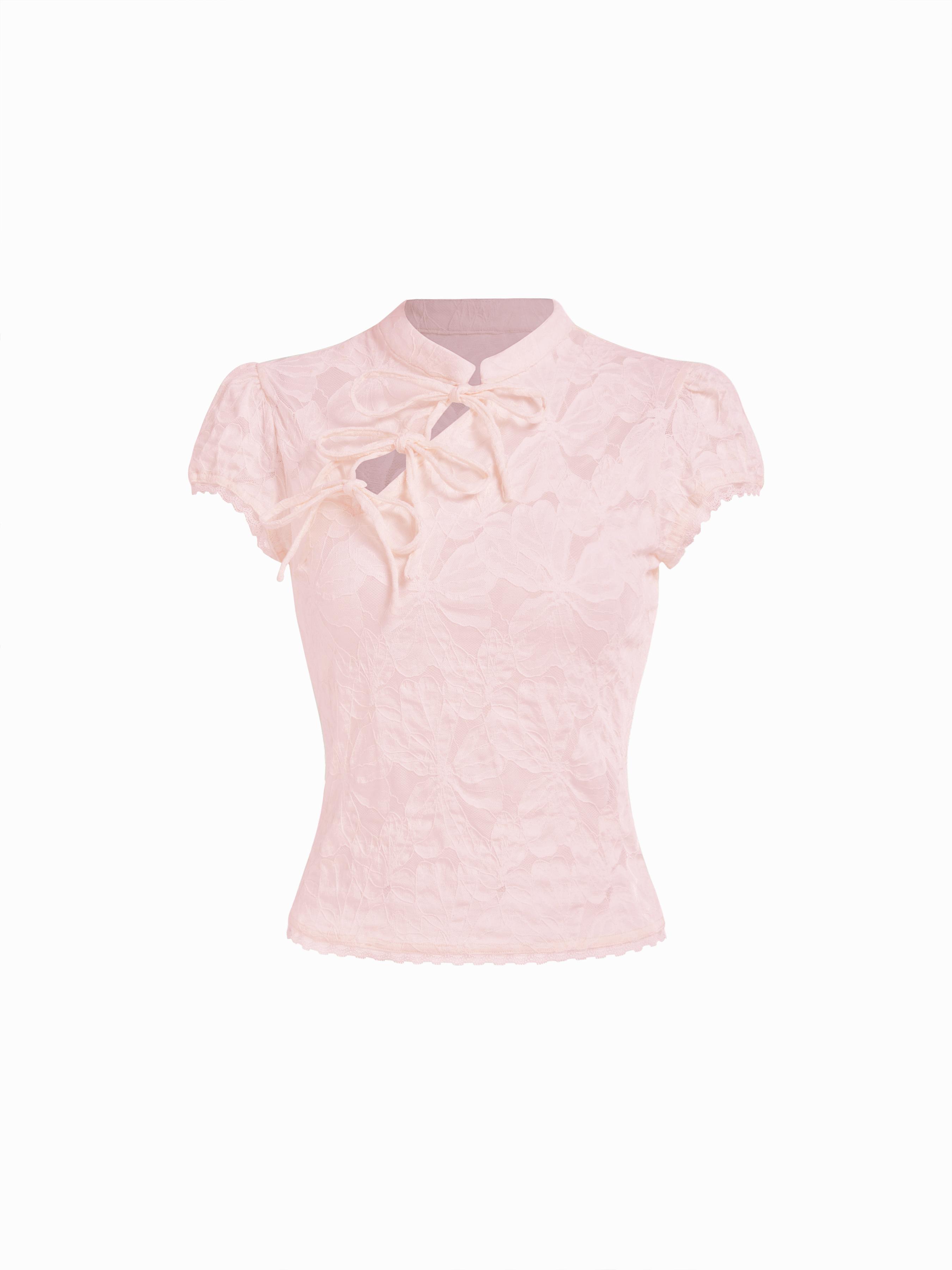 Lace Floral Stand Collar Bowknot Short Sleeve Top by CIDER