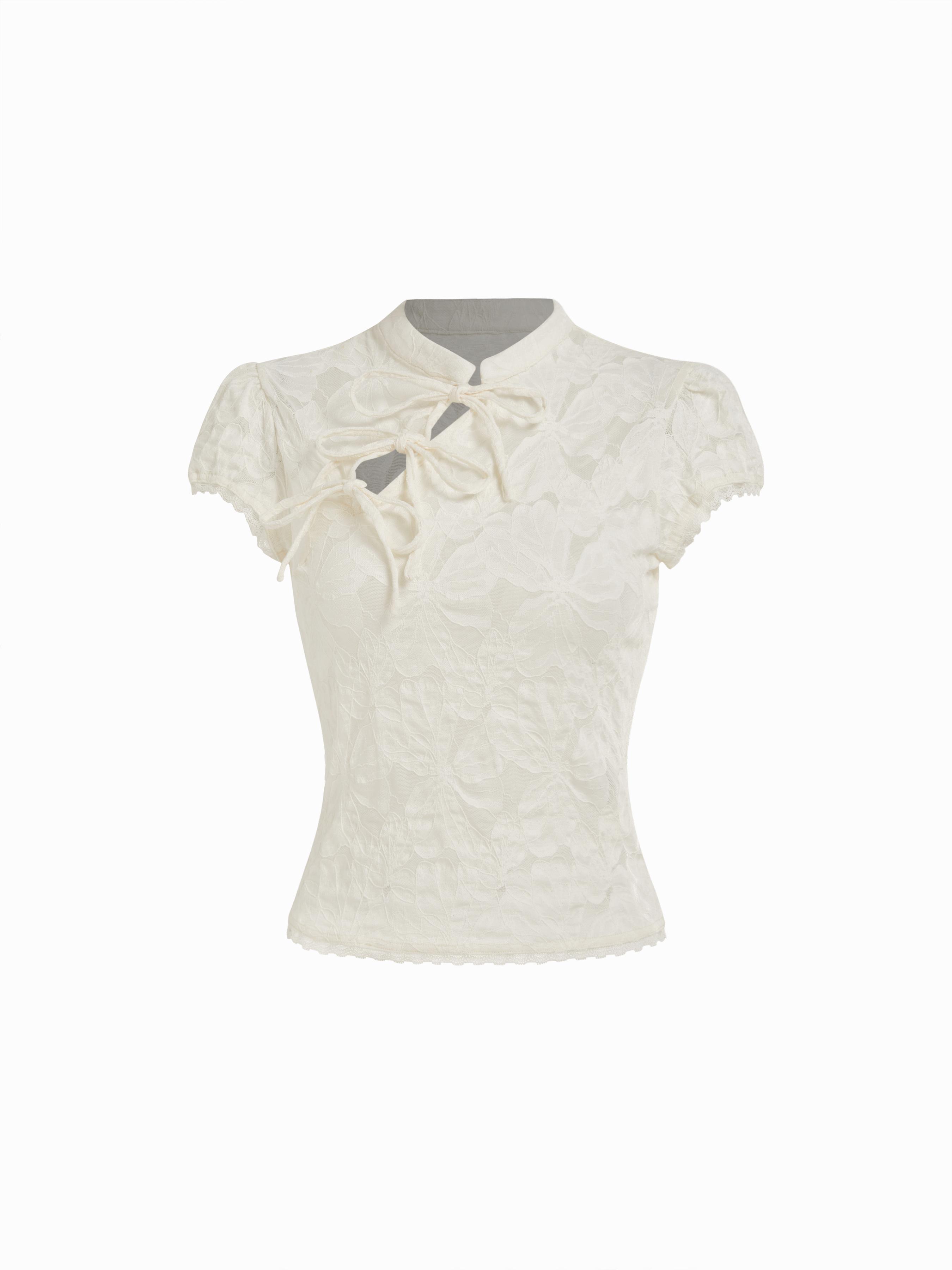 Lace Floral Stand Collar Bowknot Short Sleeve Top by CIDER