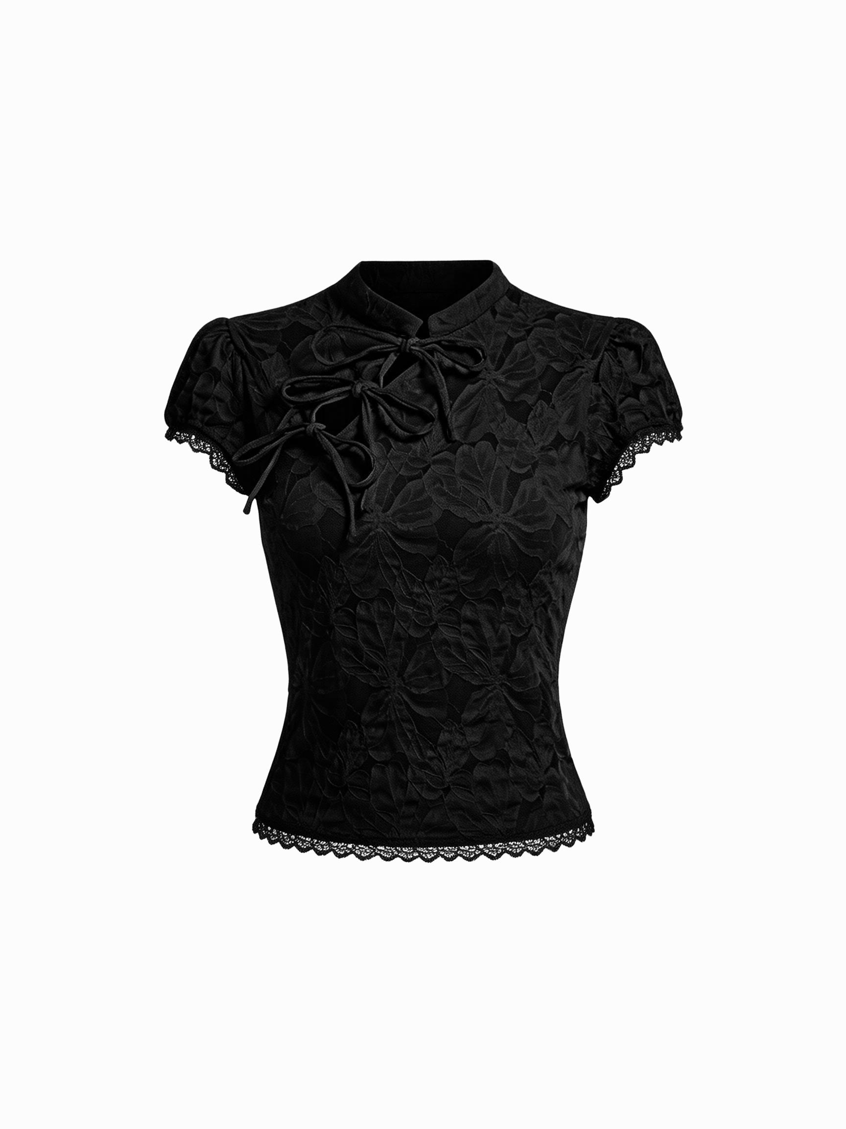 Lace Floral Stand Collar Bowknot Short Sleeve Top by CIDER