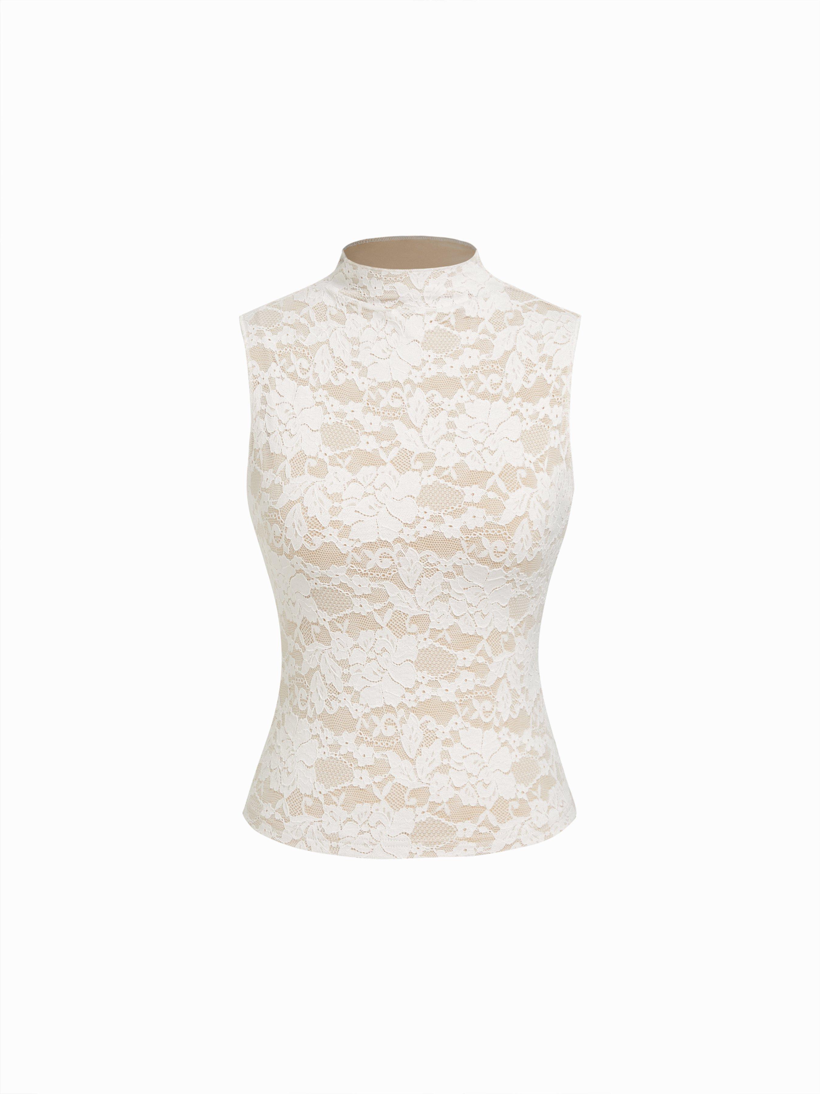 Lace Floral Stand Collar Tank Top by CIDER