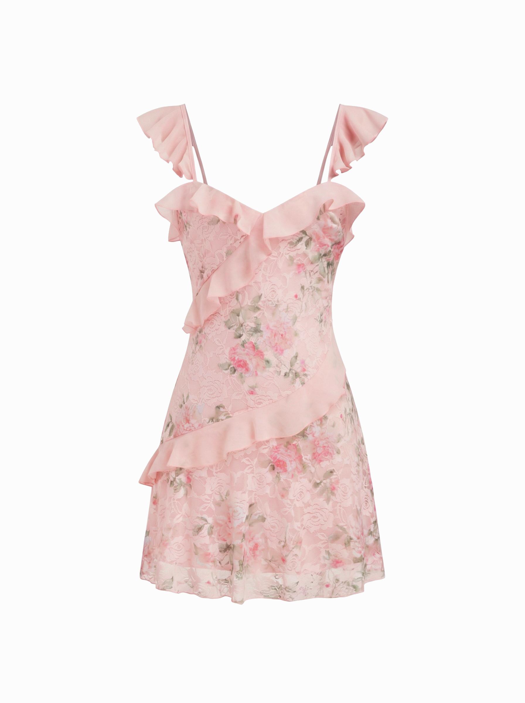 Lace Floral Sweetheart Neck Ruffle Trim Cami Mini Dress by CIDER