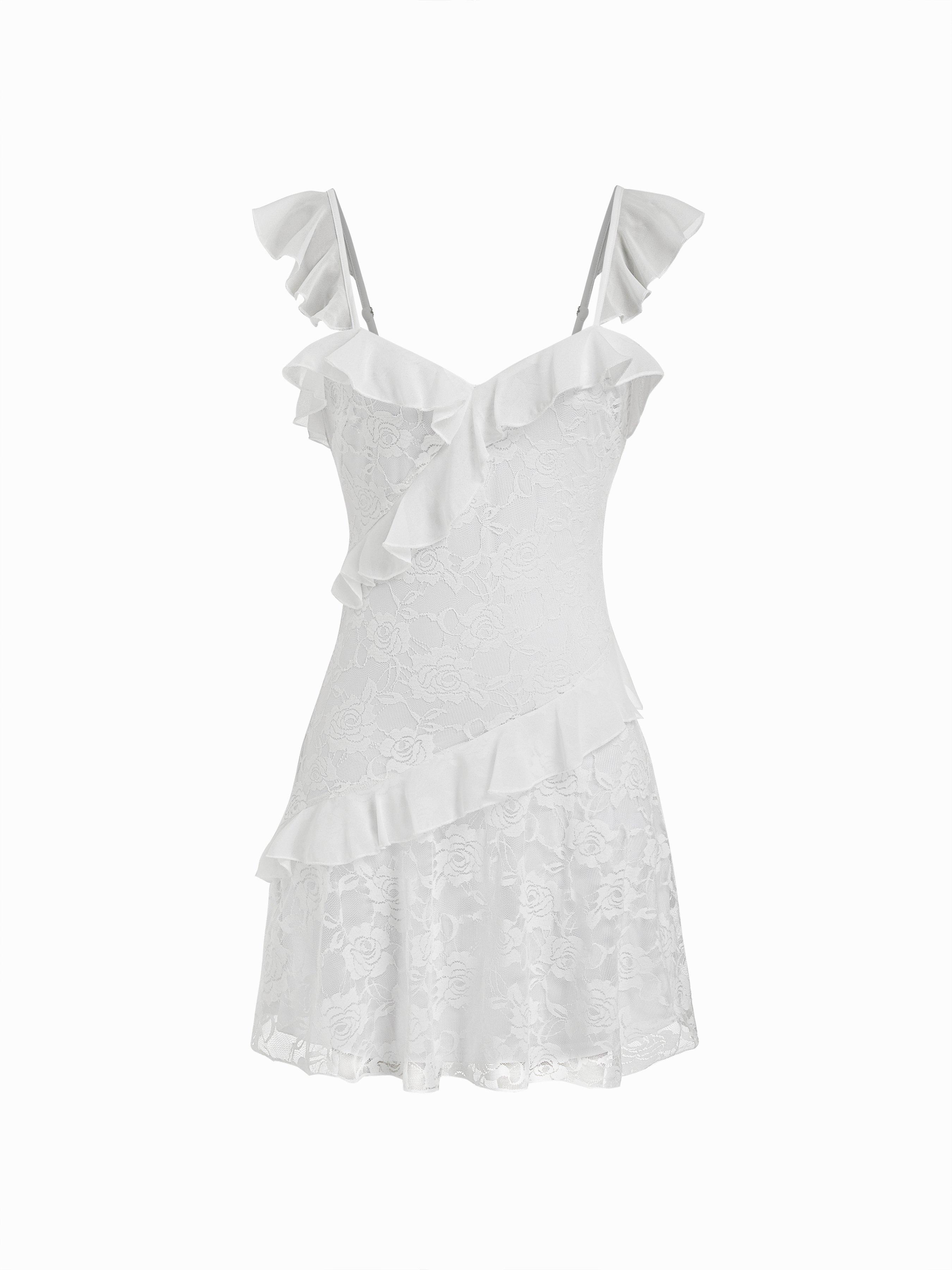 Lace Floral Sweetheart Neck Ruffle Trim Cami Mini Dress by CIDER