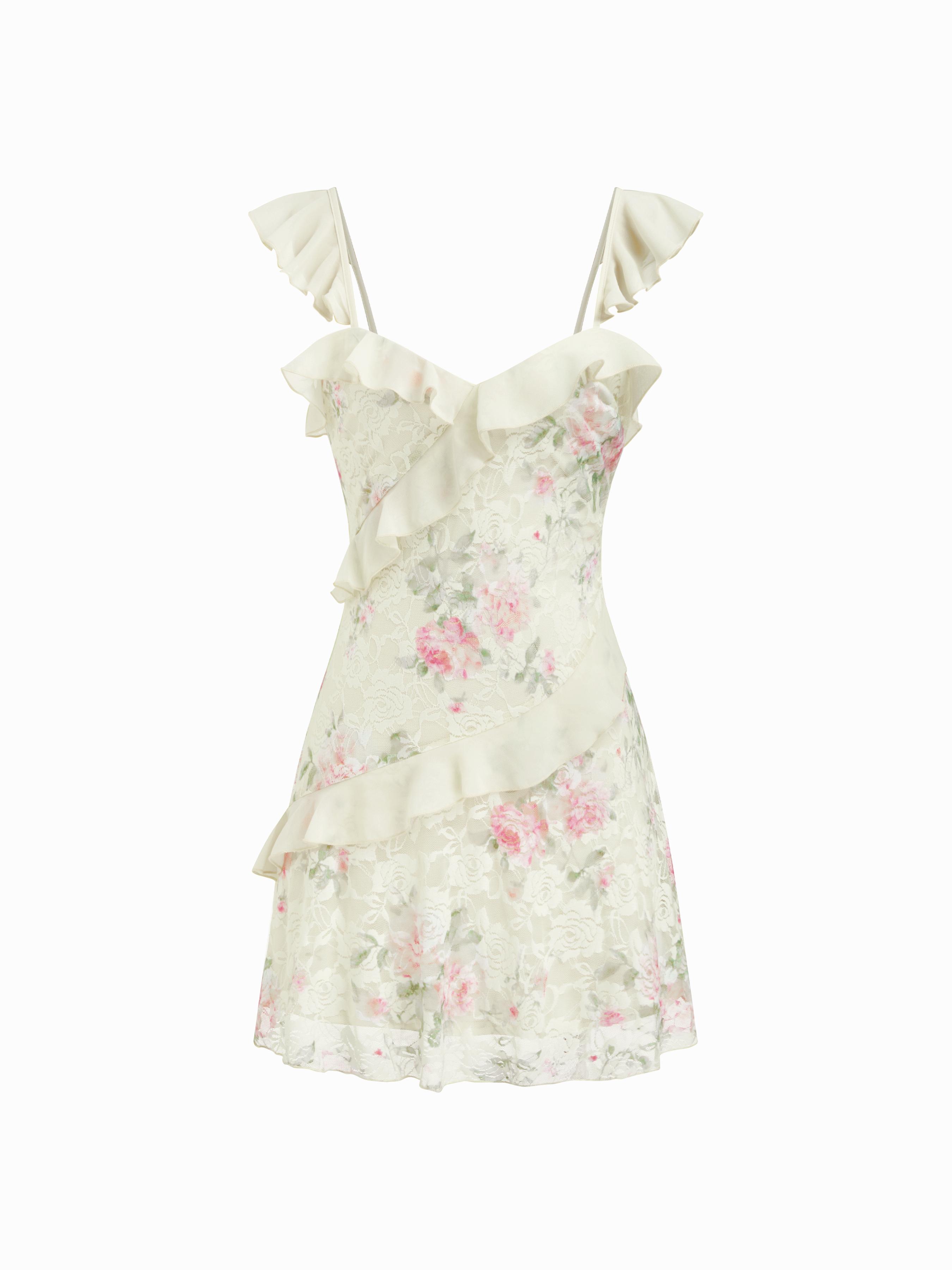 Lace Floral Sweetheart Neck Ruffle Trim Cami Mini Dress by CIDER