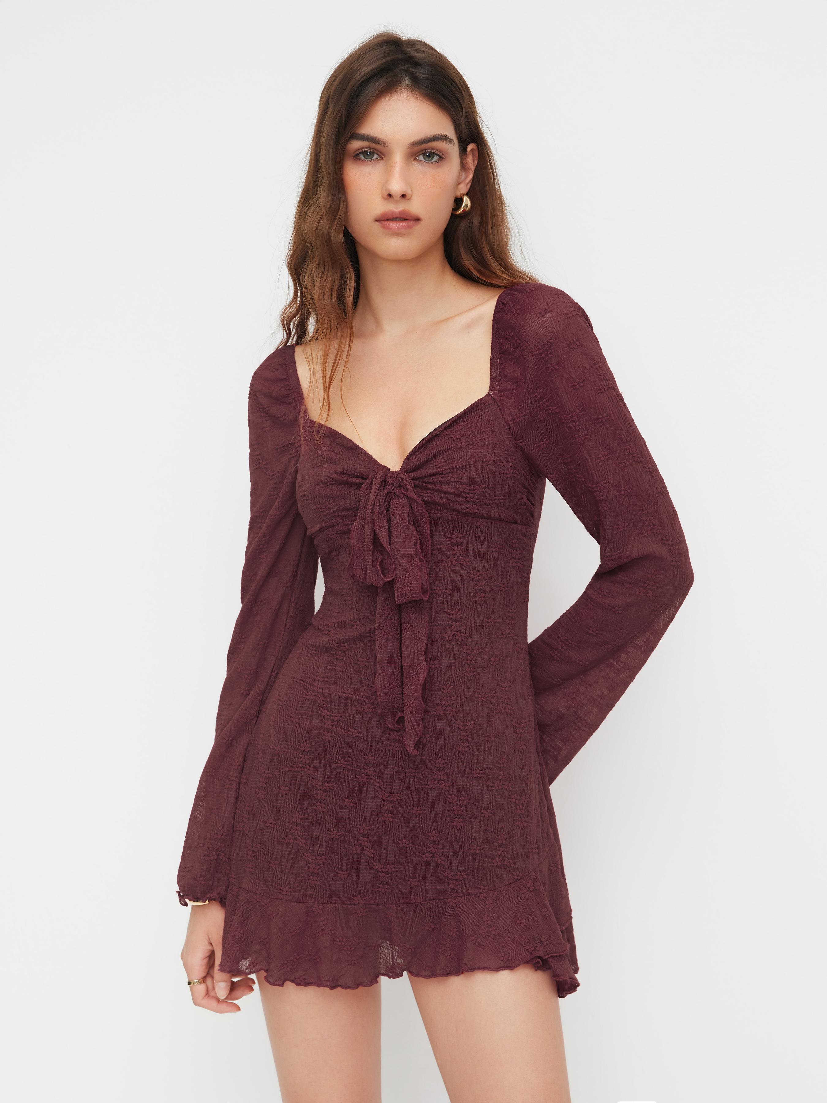 Lace Floral Sweetheart Neckline Long Sleeve Bowknot Mini Dress by CIDER