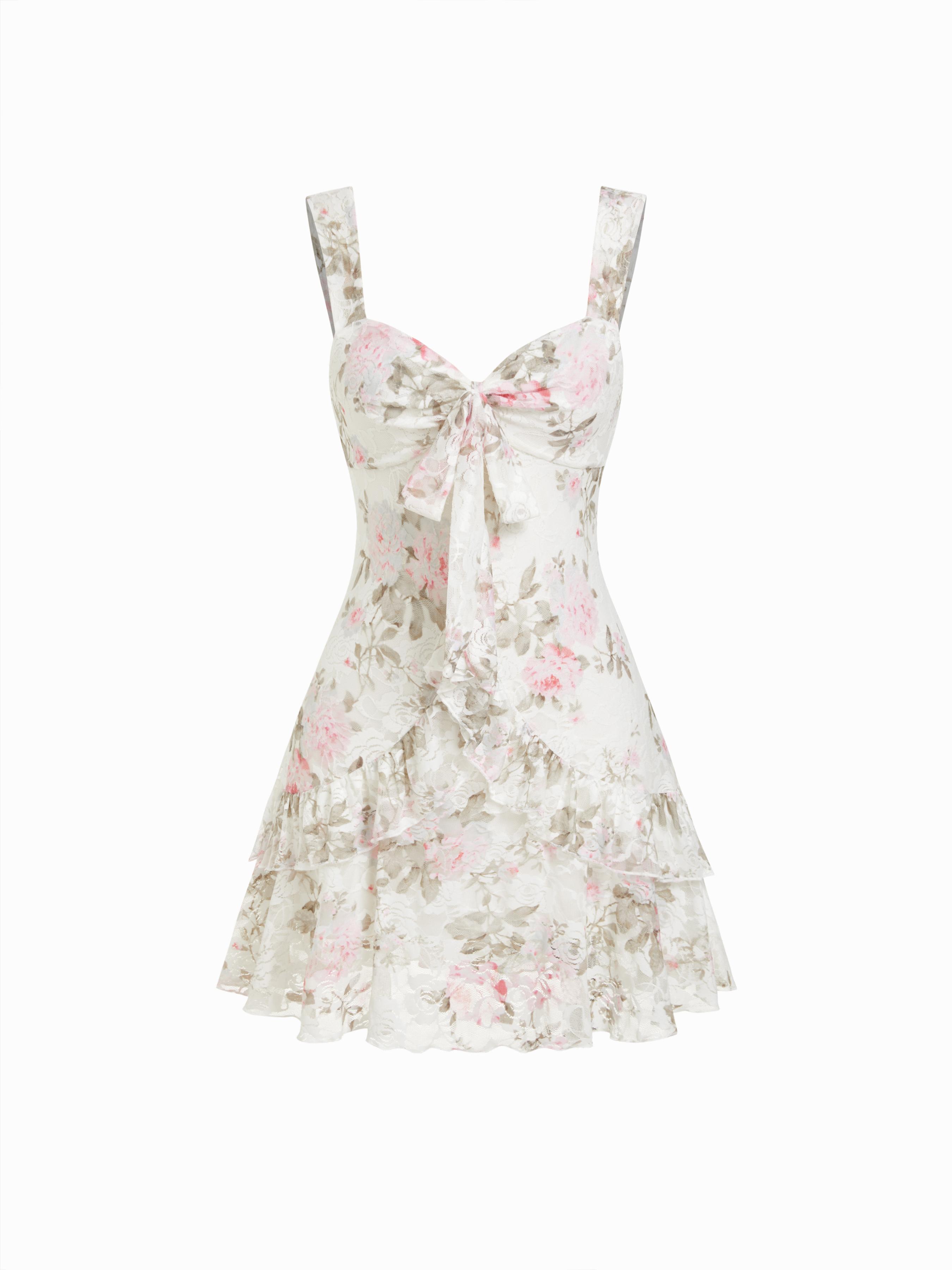 Lace Floral Sweetheart Tiered Mini Dress by CIDER