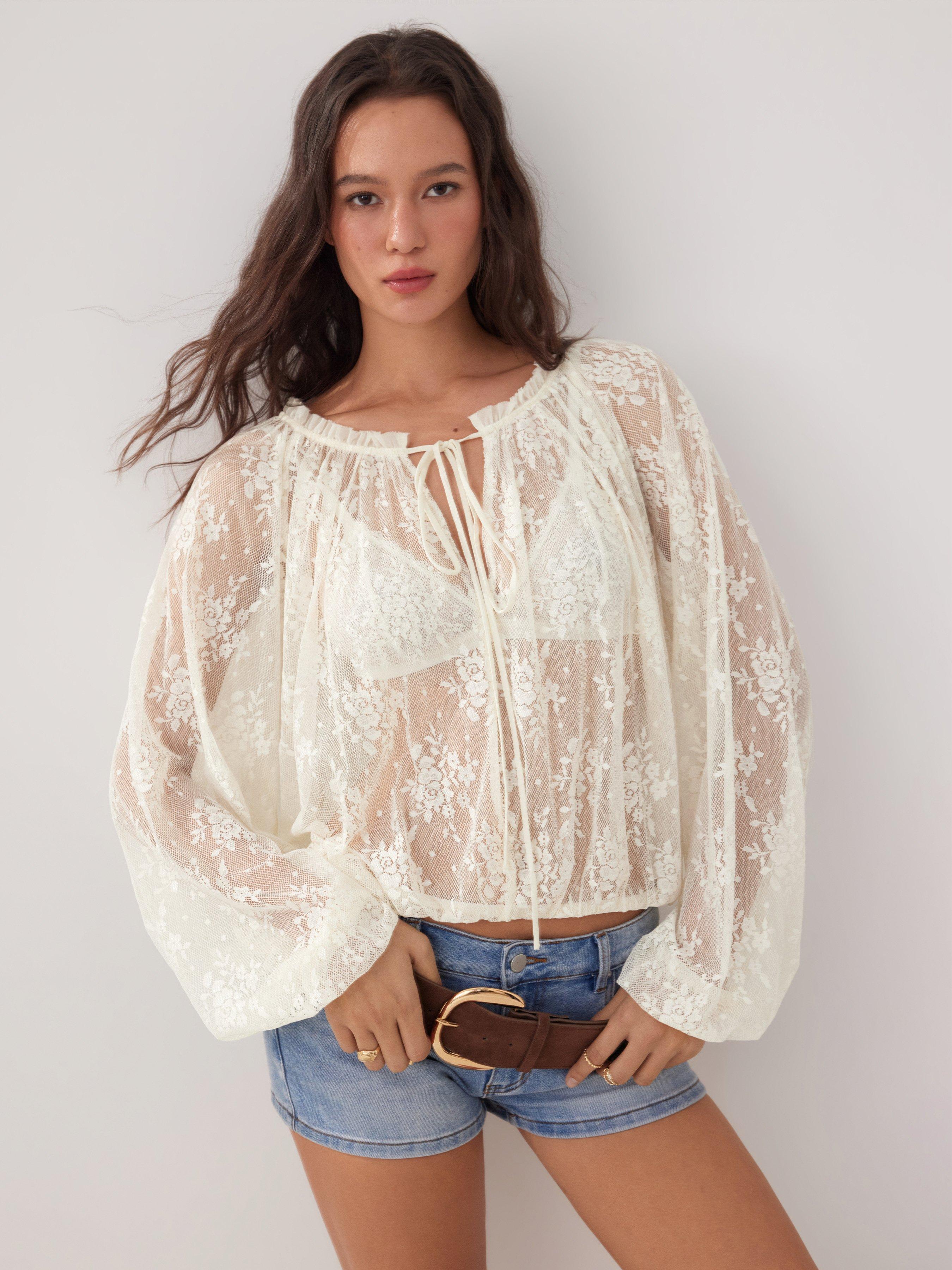 Lace Floral V-neck Ruffled Lantern Sleeve See-Through Blouse by CIDER