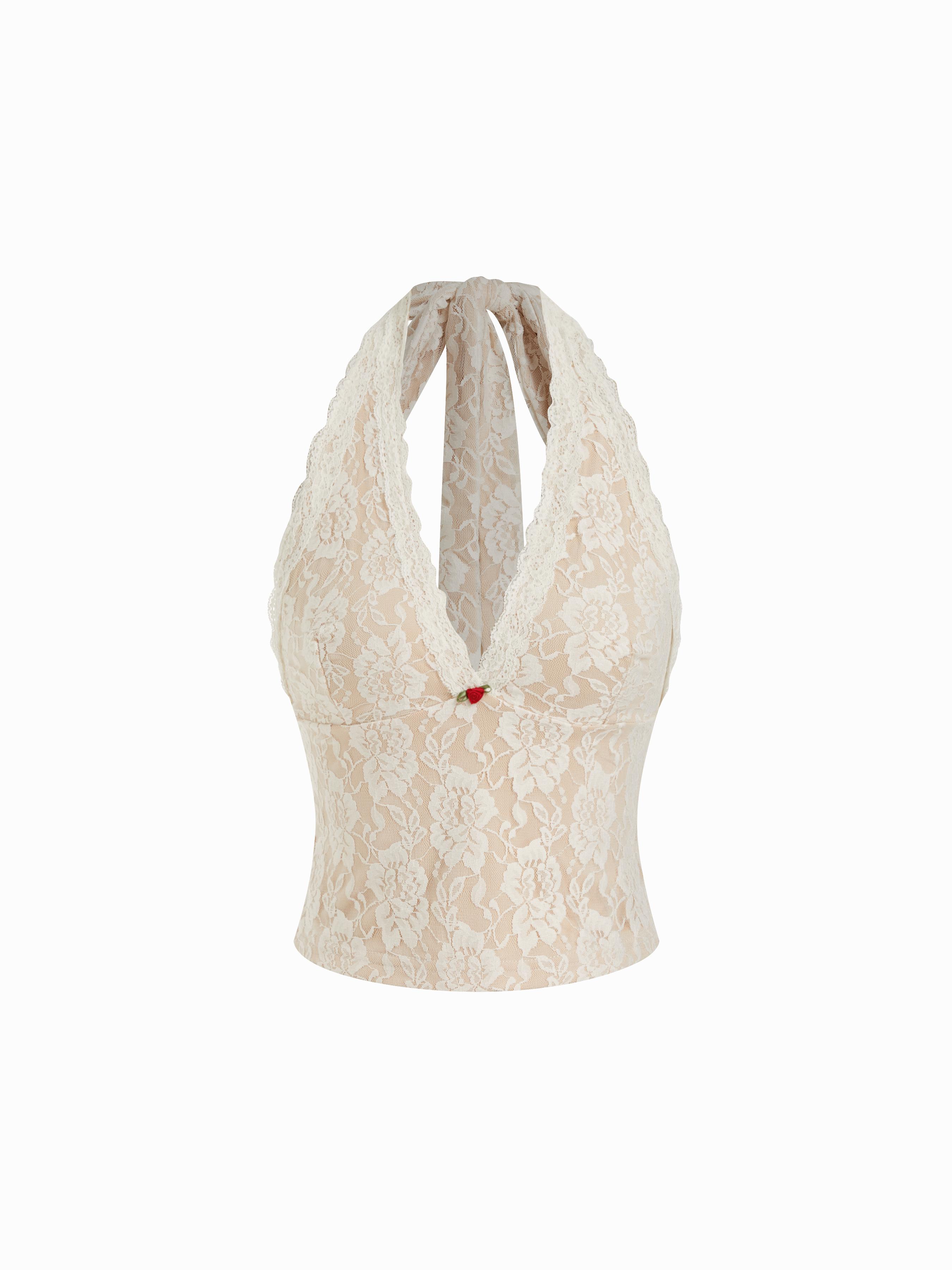 Lace Halter Neck Top With Rose Detail by CIDER